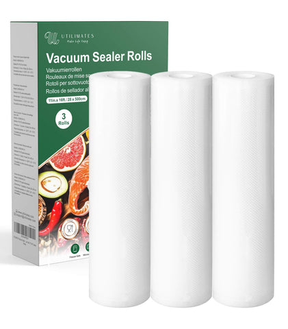 UTILIMATES vacuum bags 11-inch roll close-up, durable and freezer-ready design for long-term storage.
