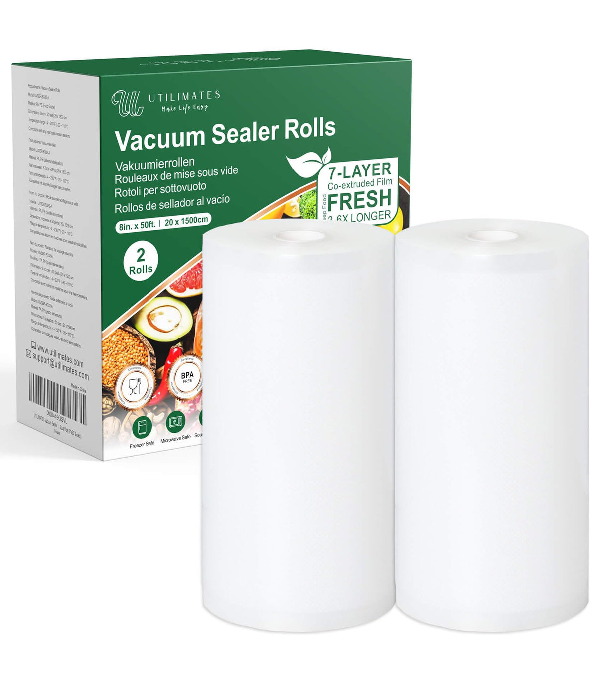 UTILIMATES vacuum sealer bags 8-inch roll close-up for customizable portions and long storage.