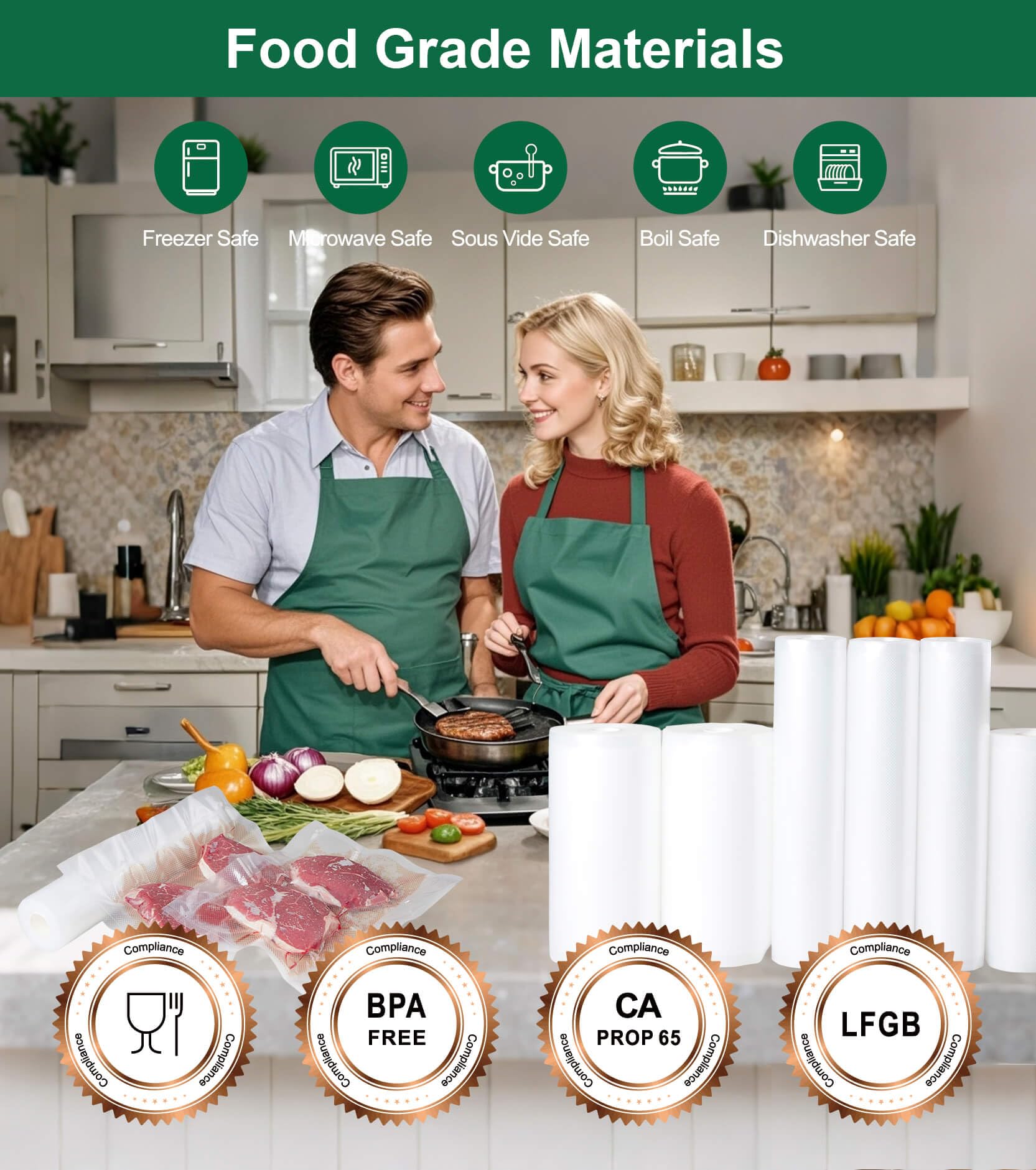 UTILIMATES vacuum sealer bags 8-inch roll close-up for customizable portions and long storage.