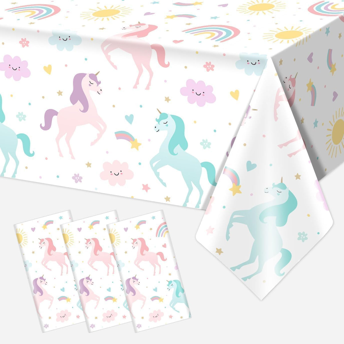 Utolily unicorn tablecloth 3-pack ready for quick party setup and cleanup.