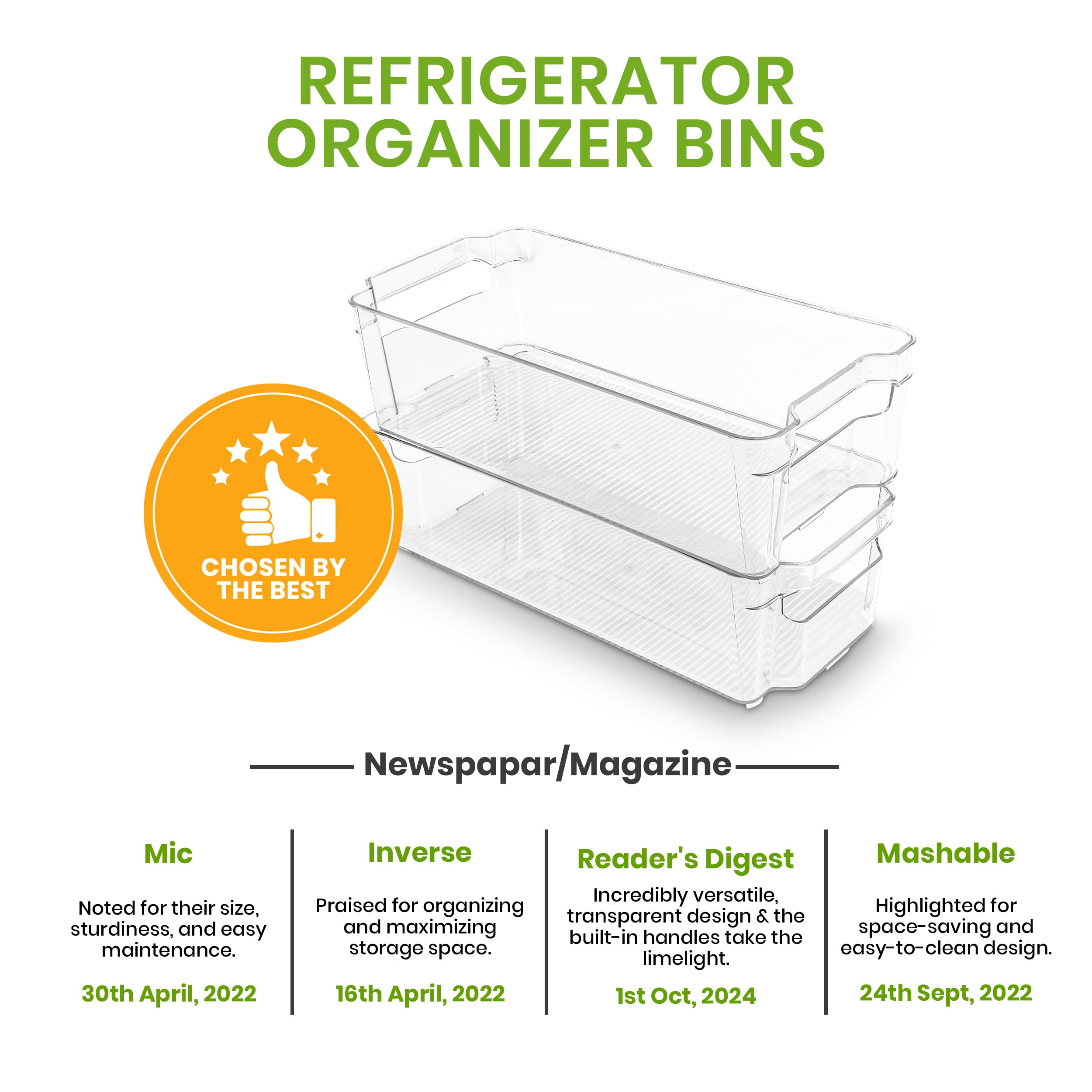 Utopia Home fridge organizer bin 8-pack dimensions 12.4L x 6.2W x 3.5H