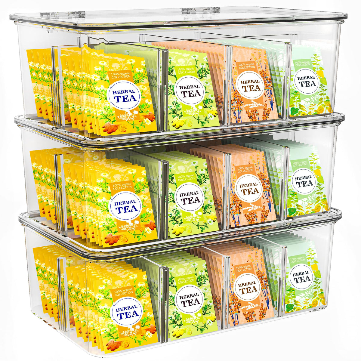 Utopia Home tea bag organizer with lid shows clear compartments for easy tea prep.