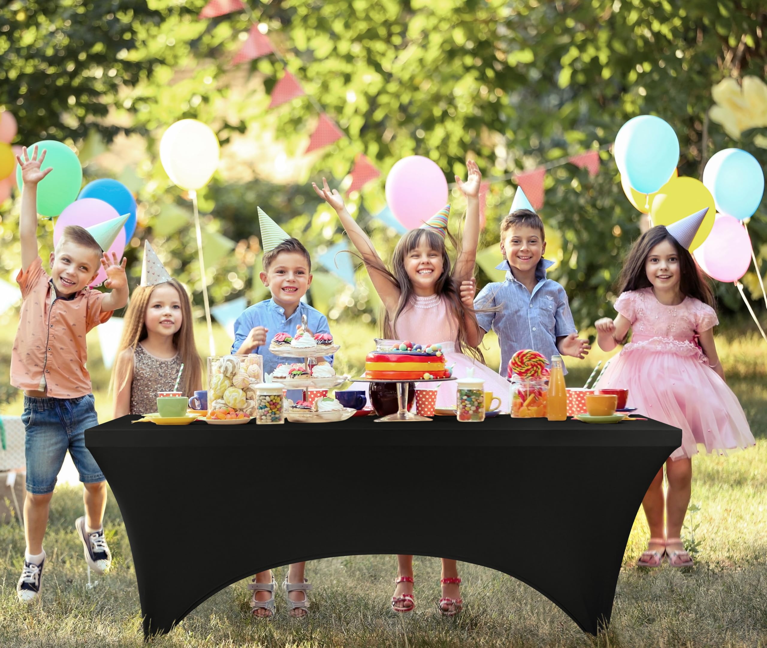 Utopia Kitchen black spandex tablecloth on banquet setup with polished look
