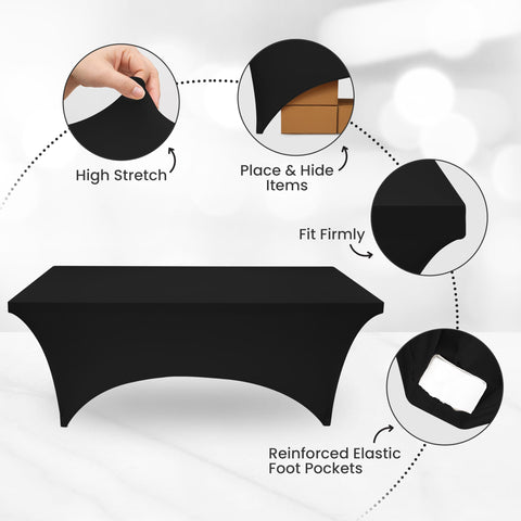Utopia Kitchen 6ft black spandex tablecloth at a trade show booth