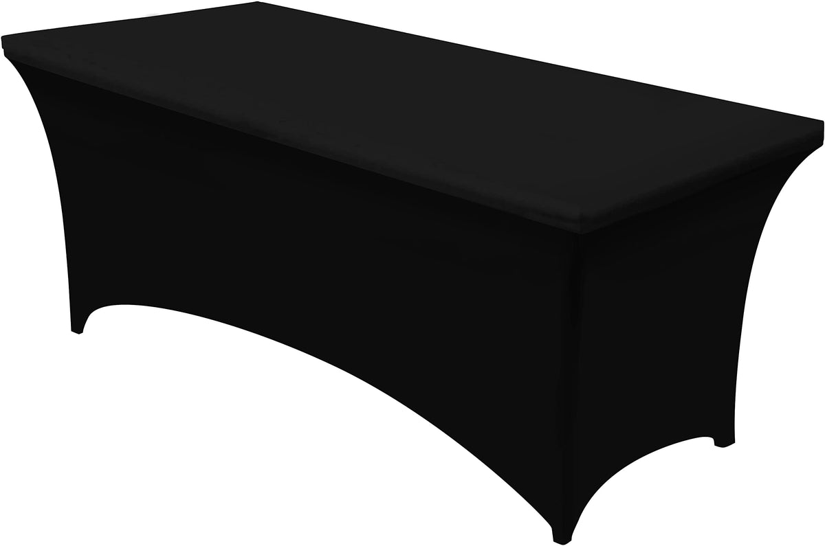 Utopia Kitchen 8ft spandex tablecloth on table with snug fit.