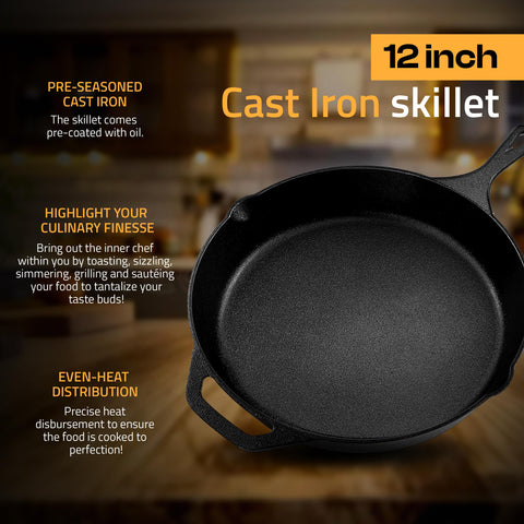 Utopia Kitchen cast iron skillet on stovetop with even heat distribution.