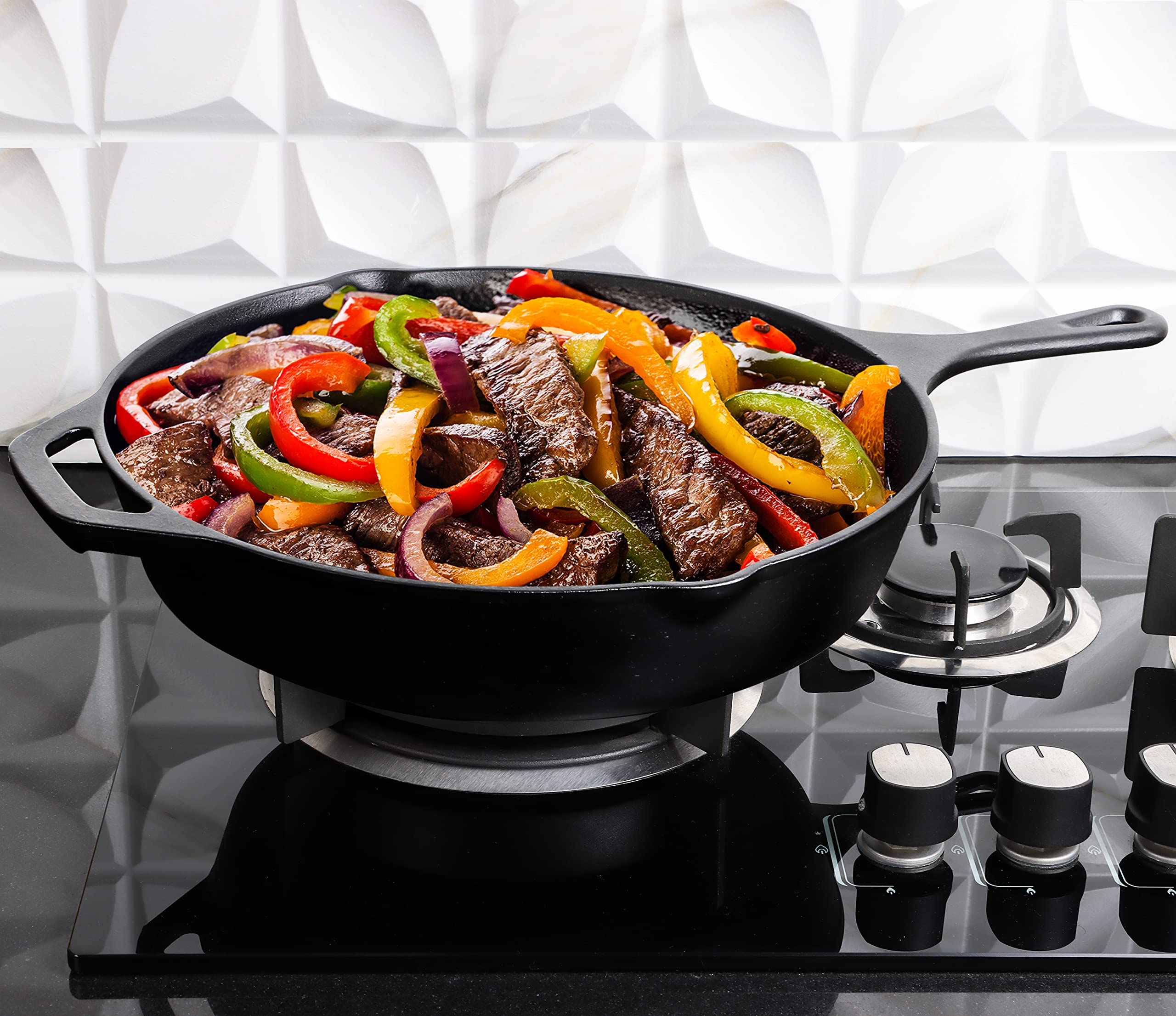 Utopia Kitchen 12-inch skillet searing action for crusty finish.