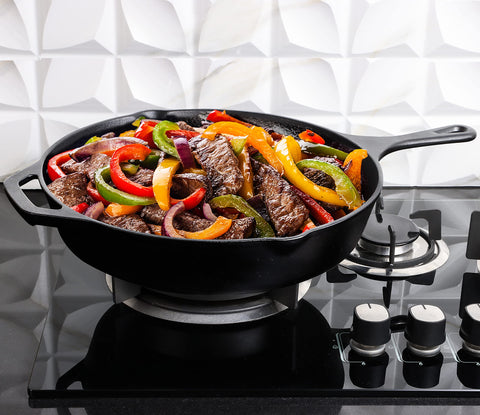 Utopia Kitchen 12-inch skillet searing action for crusty finish.