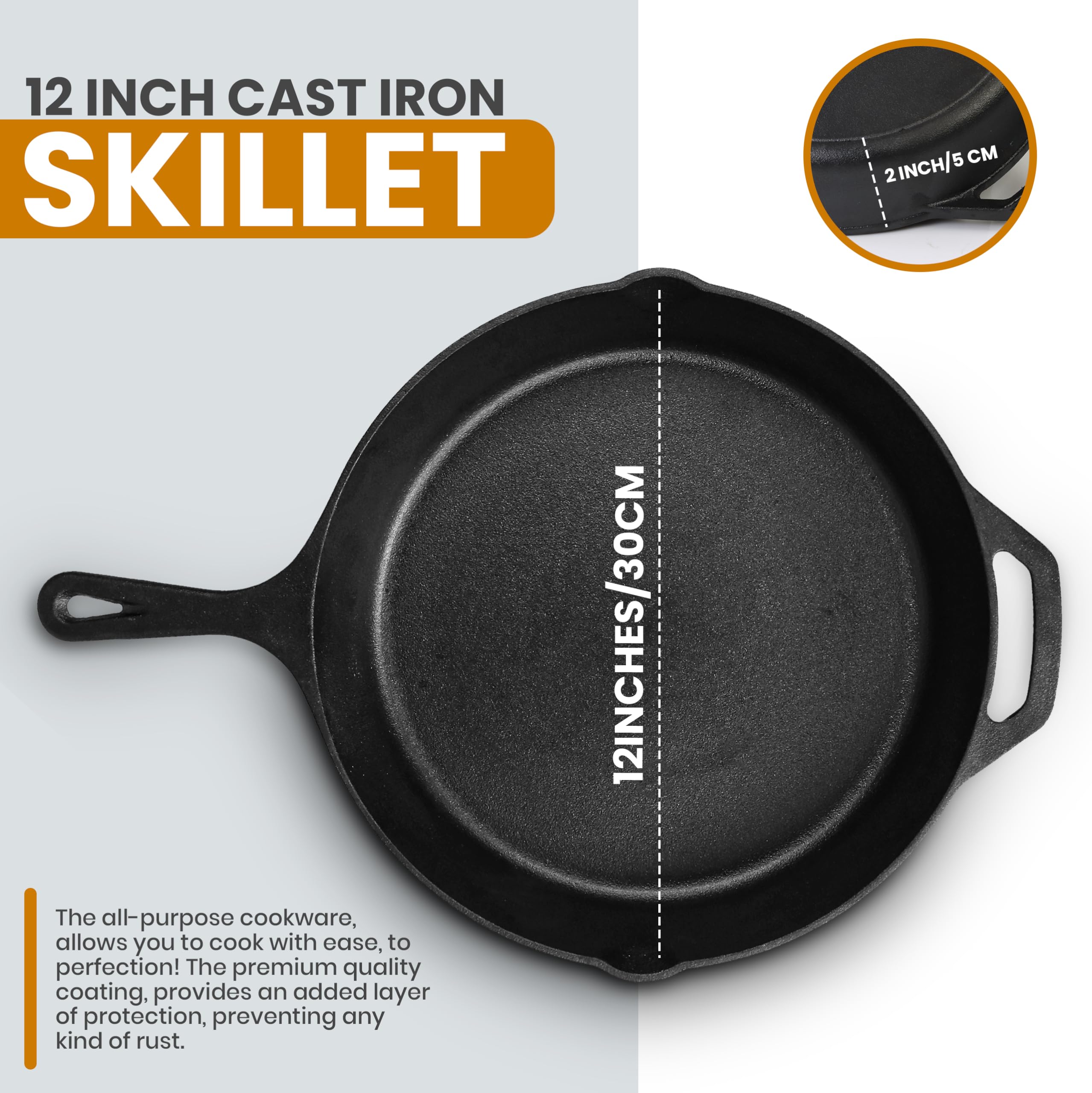 Utopia Kitchen Cast Iron Skillet Handle Closeup secure, comfortable grip for safe handling