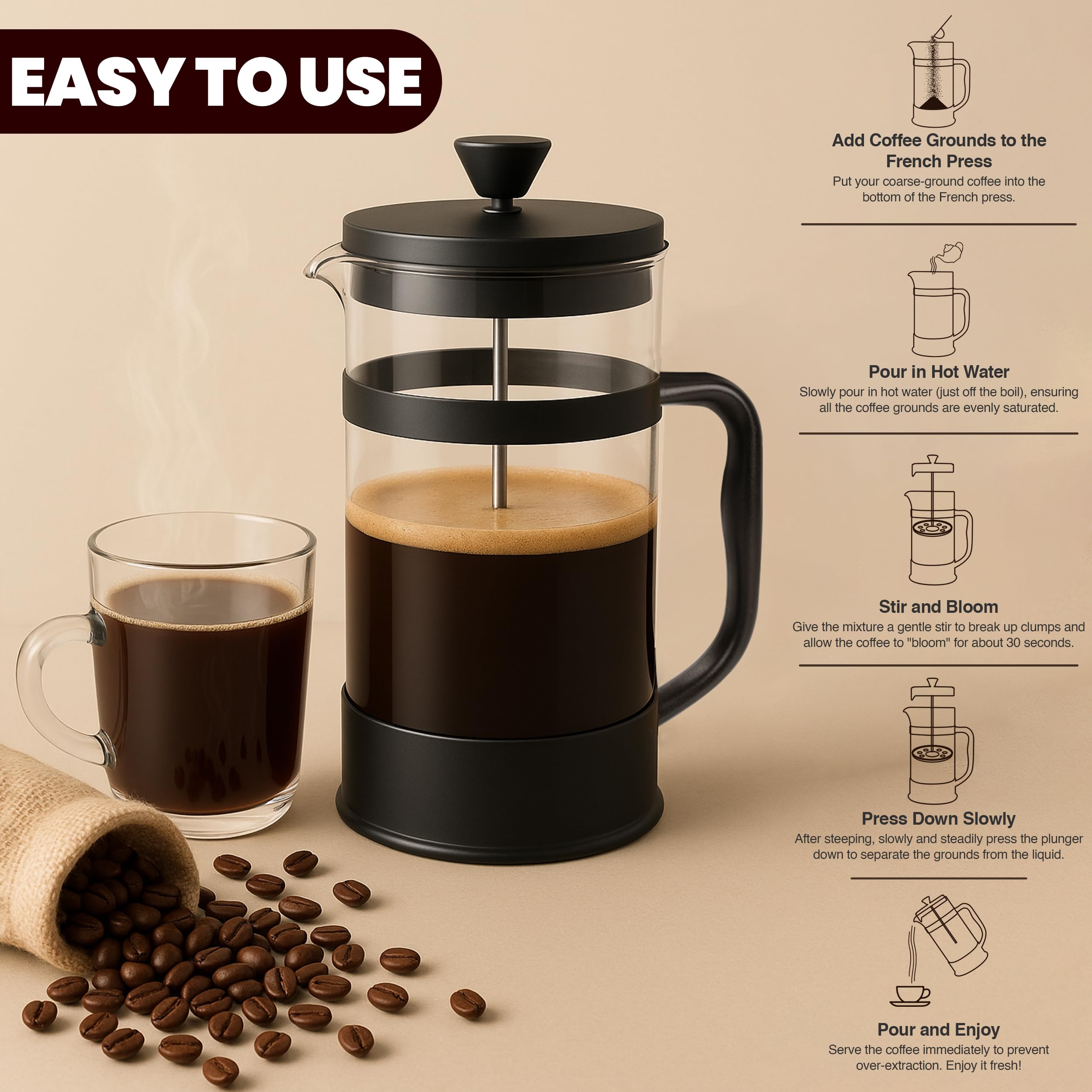 Utopia Kitchen ergonomic handle on the French press enables easy pouring
