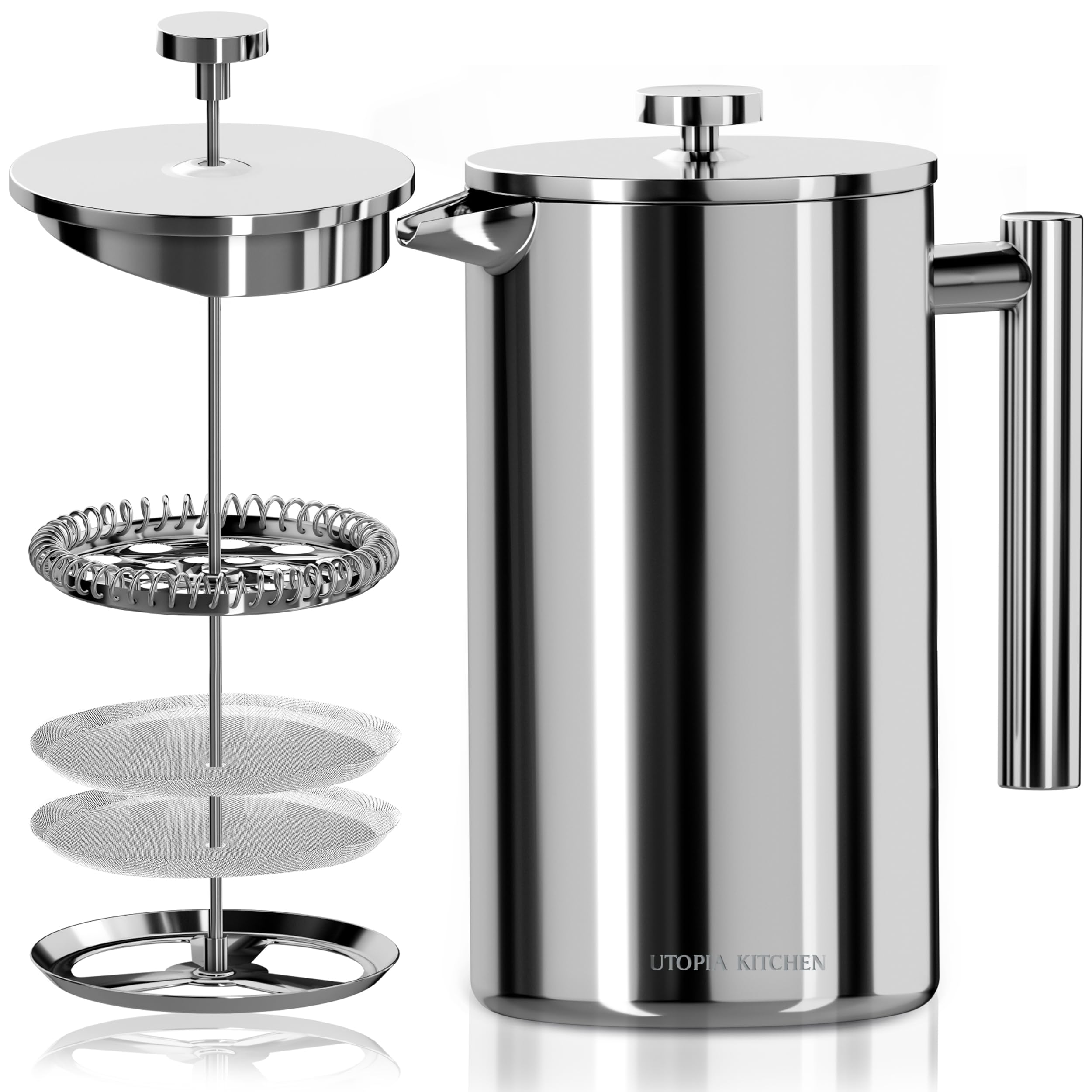 Utopia Kitchen French Press with double-wall design and 50oz capacity keeps coffee hot longer.