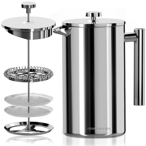Utopia Kitchen French Press with double-wall design and 50oz capacity keeps coffee hot longer.