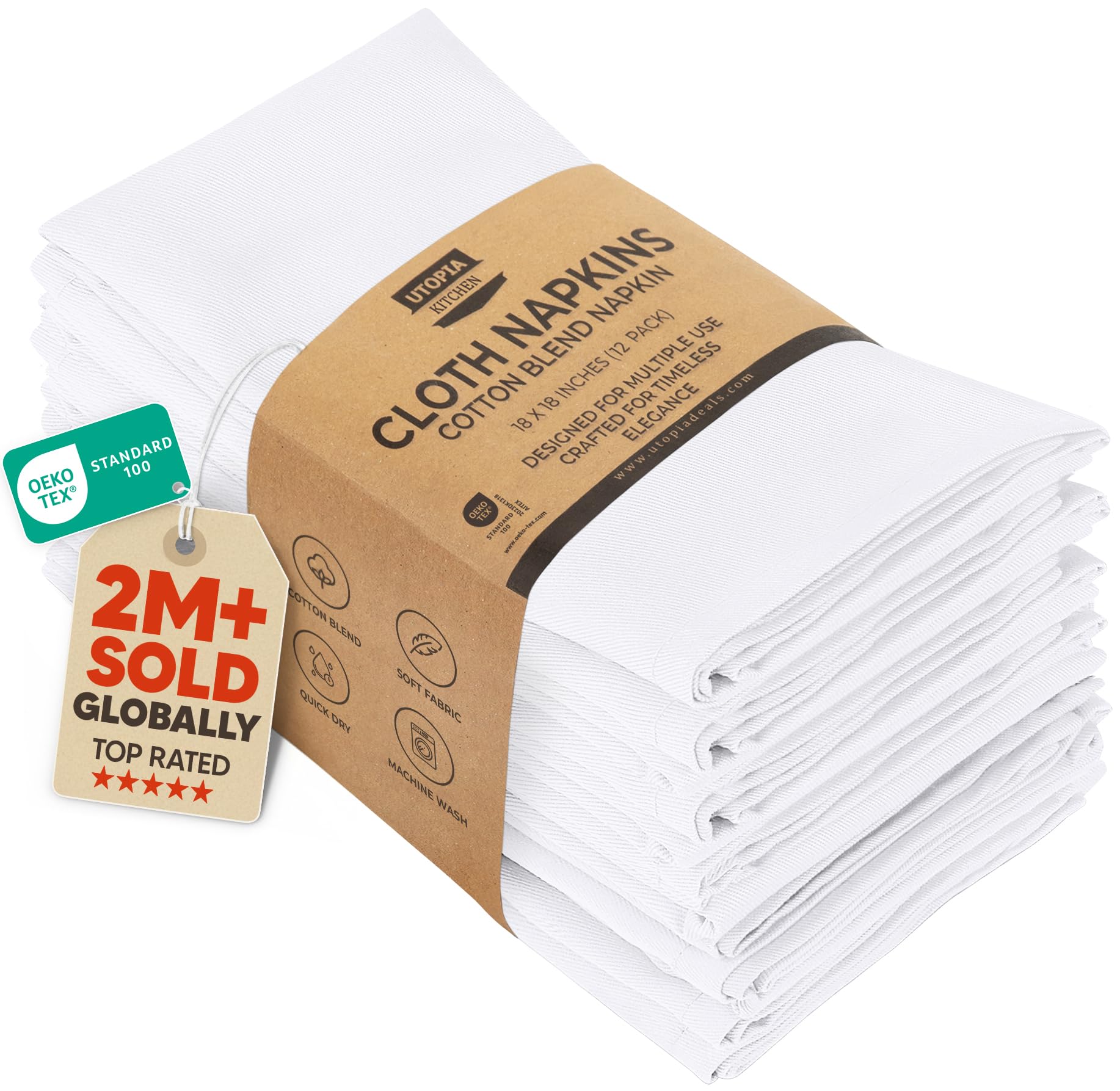 Utopia Kitchen napkins 12-pack folded for everyday table setting, soft and absorbent.