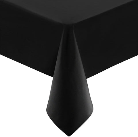Utopia Kitchen black rectangle table cloth on a 60x102 table, stain-resistant and easy-care.