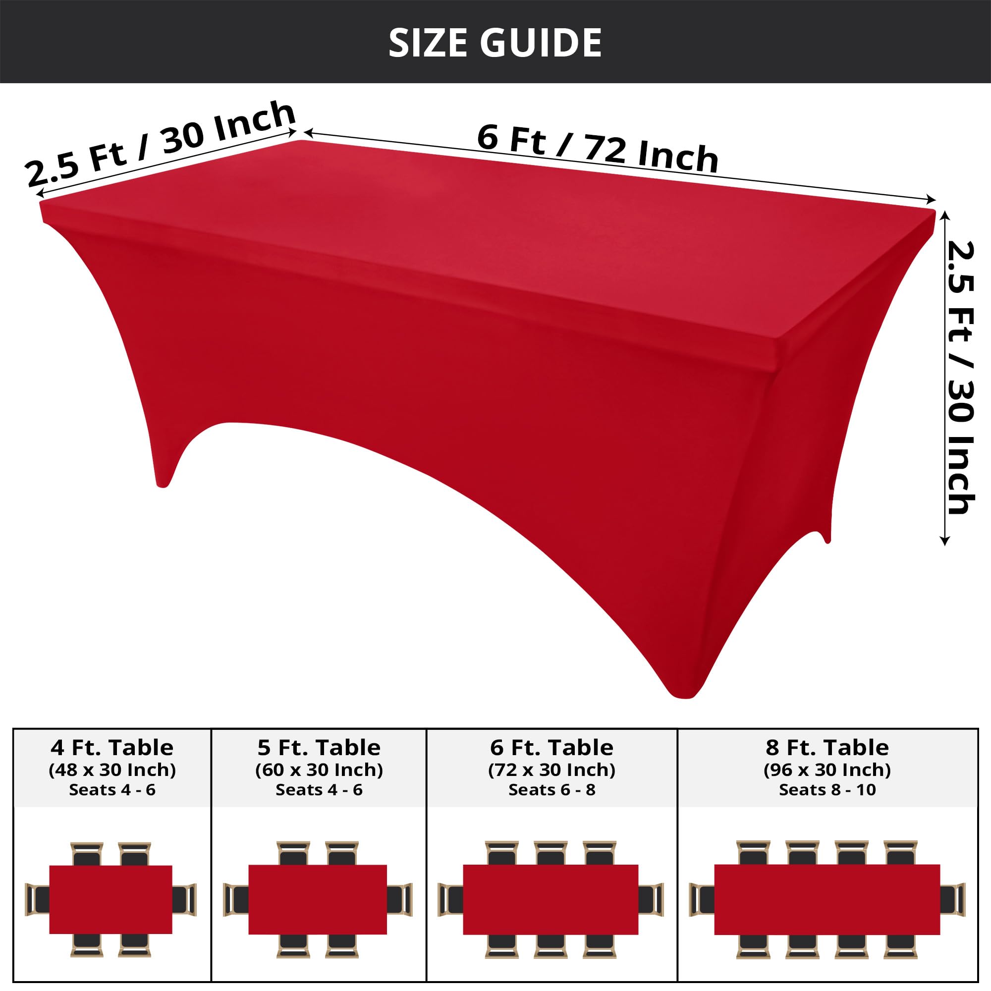 Utopia Kitchen Spandex tablecloth on a 6ft red table showing tight-fit and wrinkle resistance