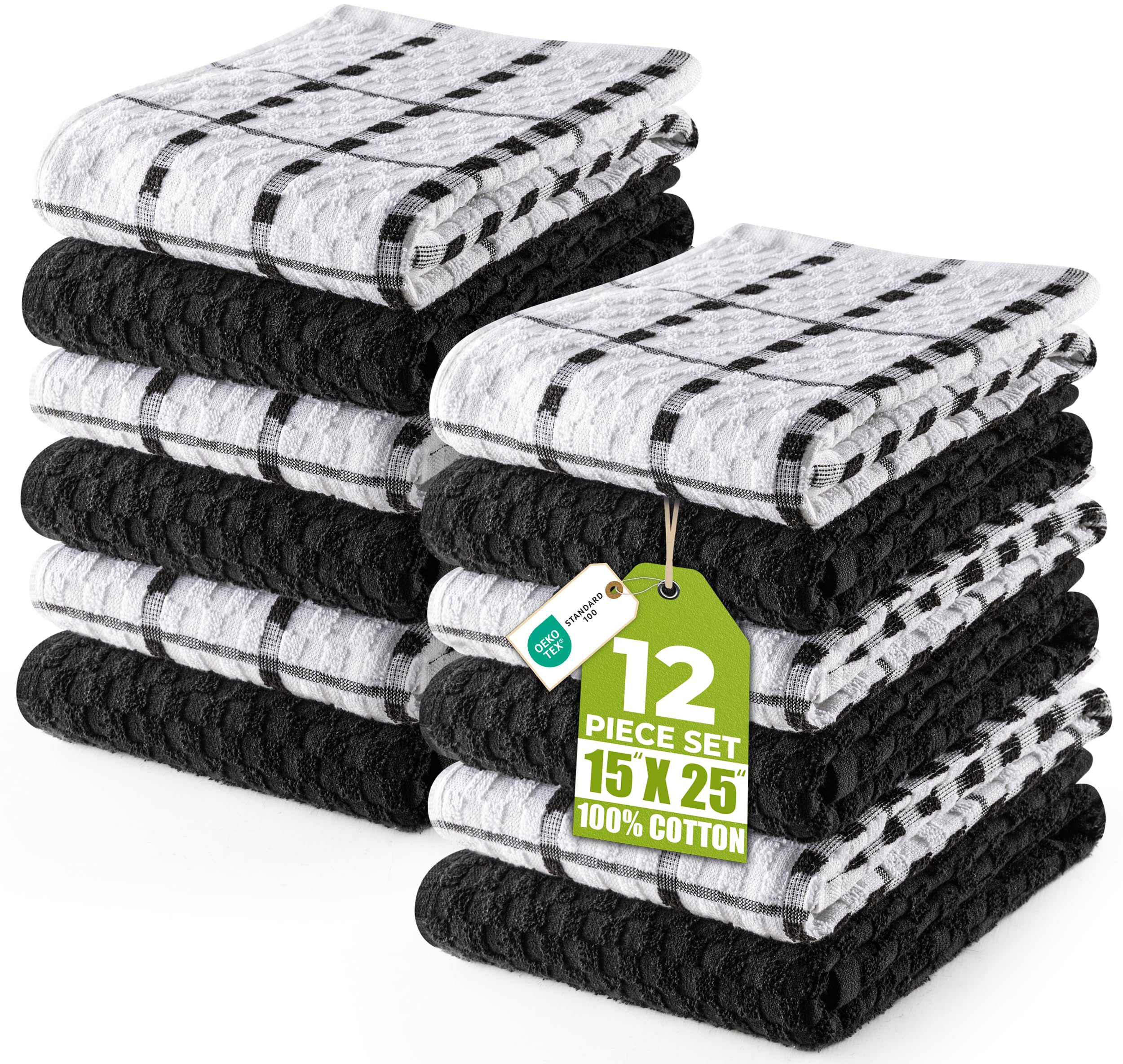 Utopia Towels 12-pack kitchen towels in black and white dobby weave for versatile cleaning.