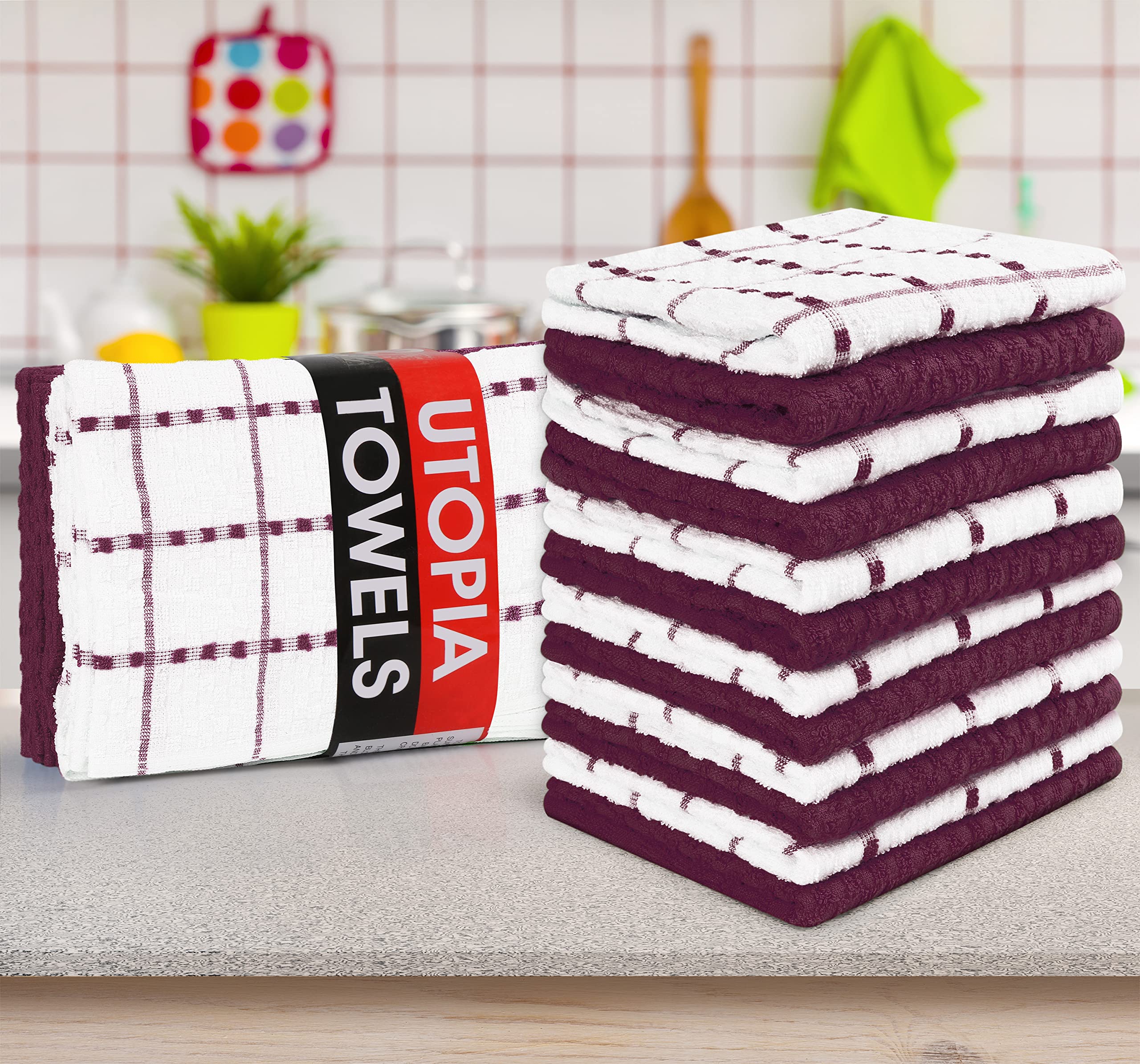Utopia Towels burgundy color option adds warm kitchen accent.