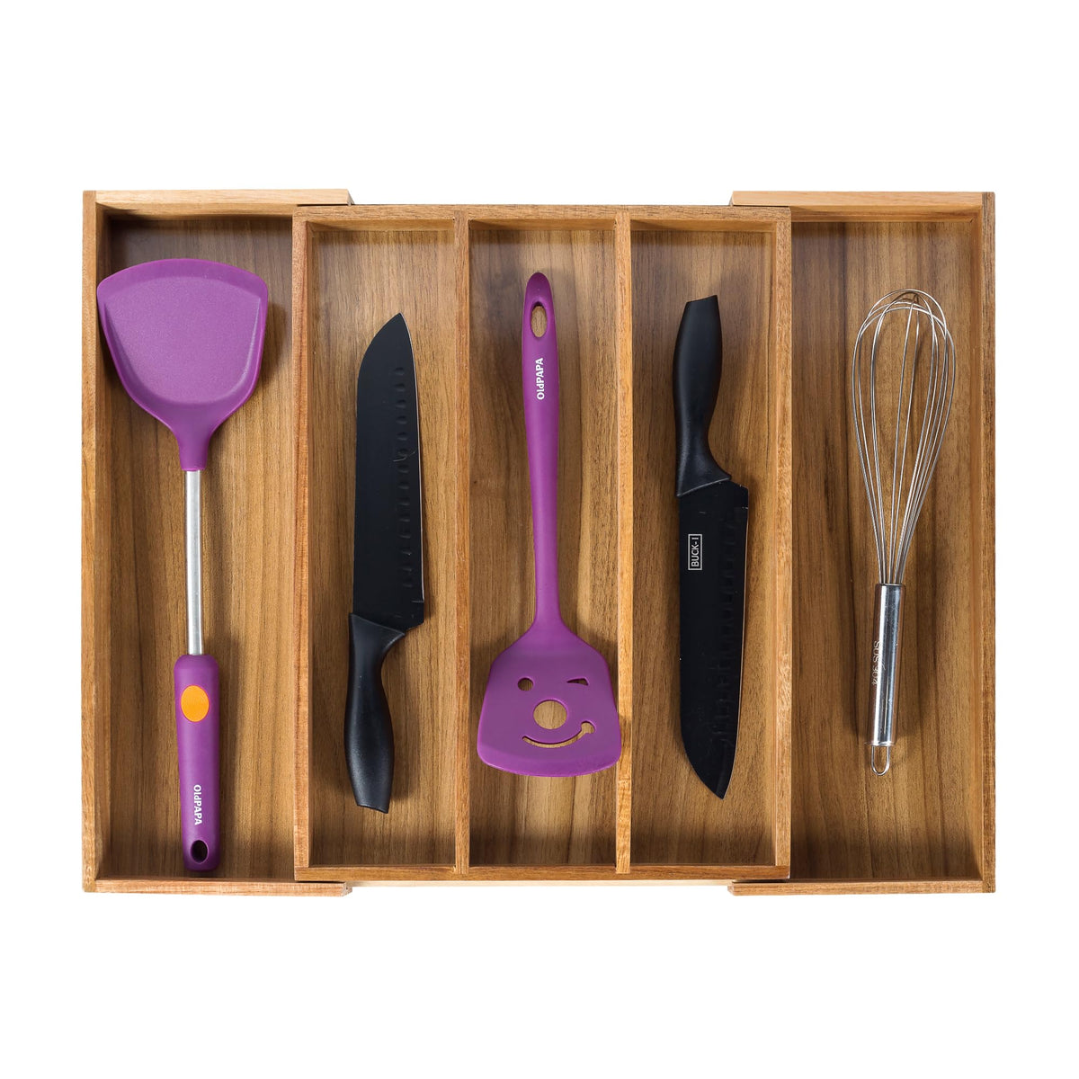 Utoplike Acacia drawer organizer extendable showing flexible width for large drawers