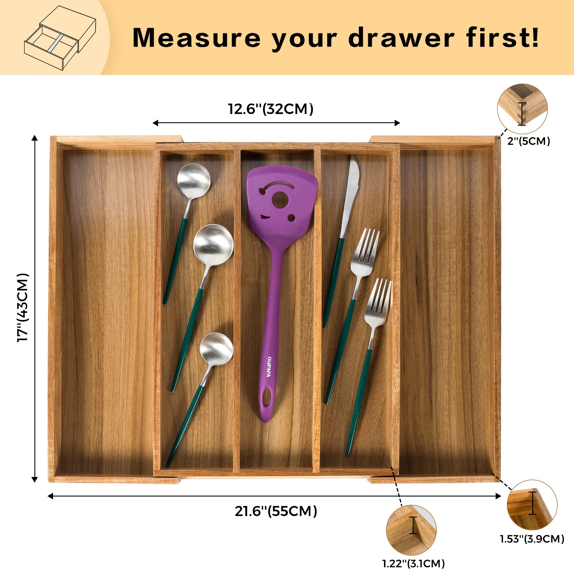 Utoplike Acacia wood organizer with durable joints for kitchen use