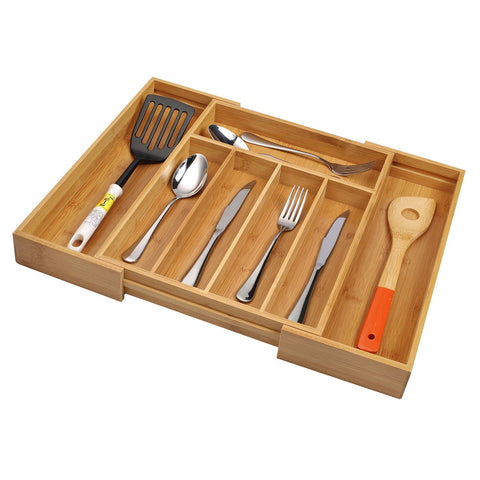 Utoplike bamboo cutlery tray compartments open shows adjustable slots