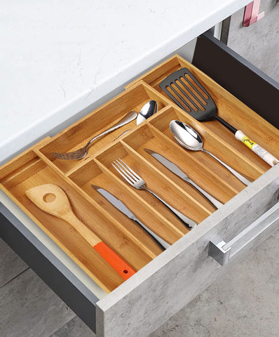 Utoplike bamboo cutlery tray in-drawer illustrates compact kitchen organization