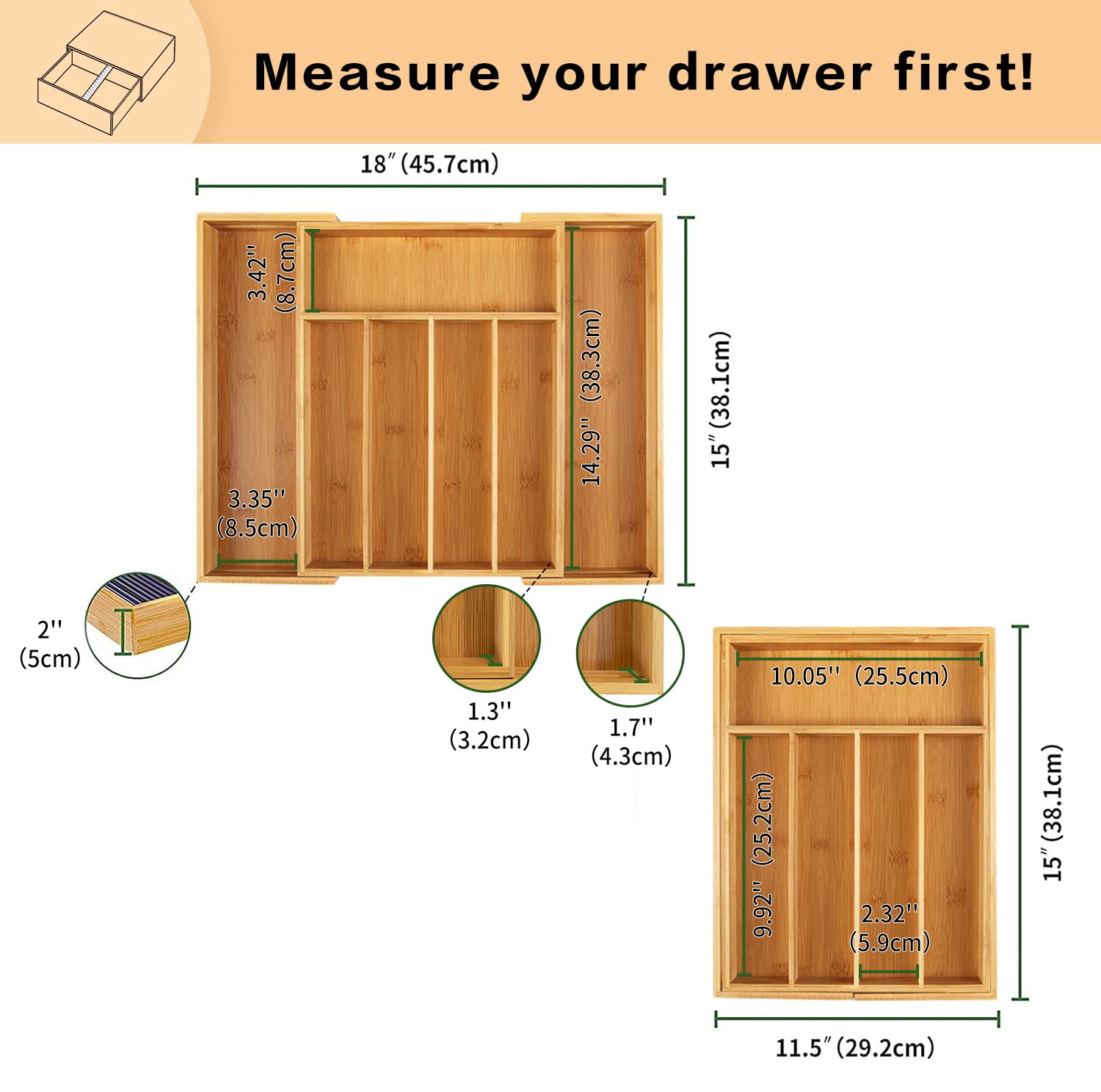 Utoplike bamboo drawer divider extended demonstrates extra capacity for larger utensils