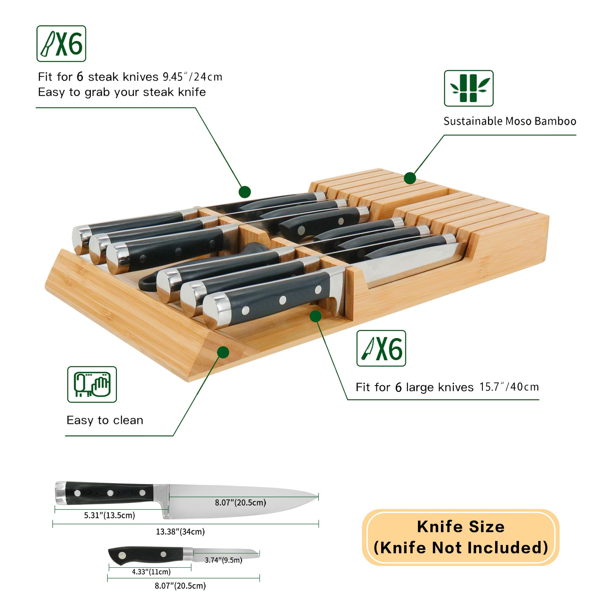 Close view of Utoplike bamboo knife block slots for easy access to blades