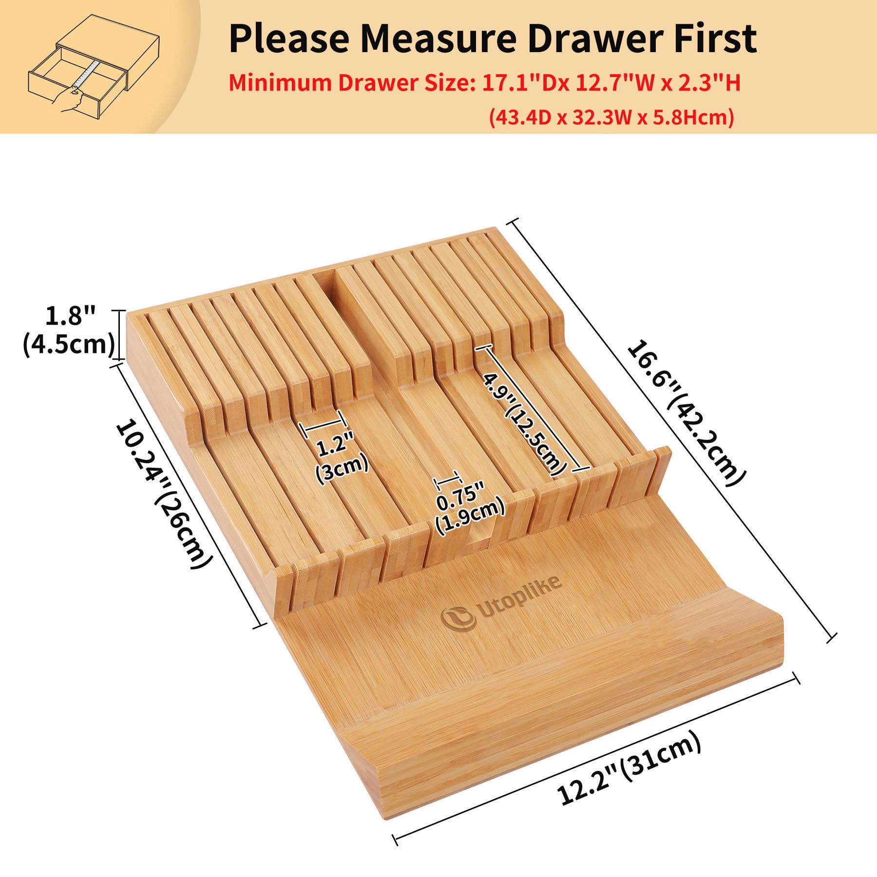 Utoplike bamboo knife holder close-up showing carved grooves for easy grip.