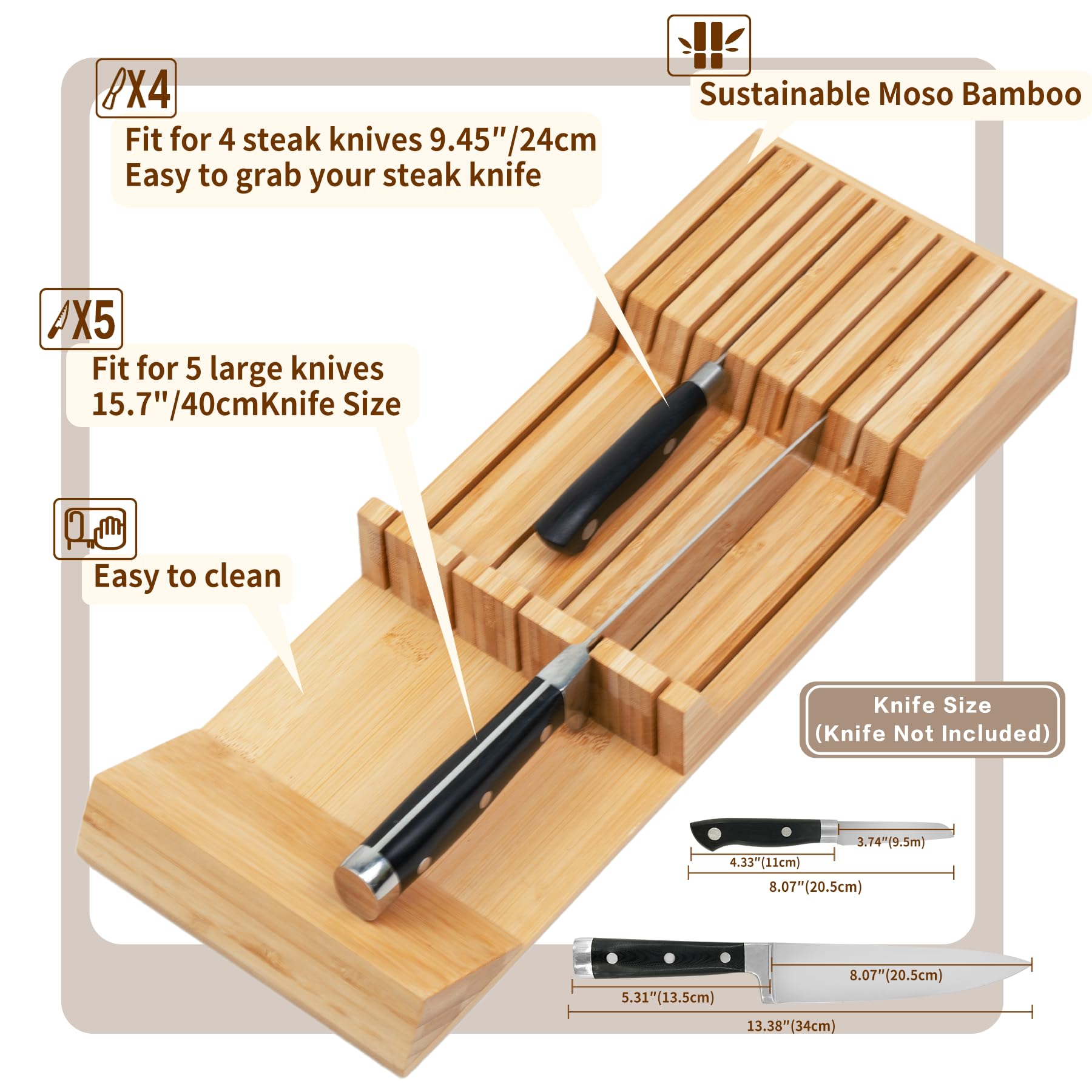 Utoplike carved-grooves-angle-support enables easy grip and prevents knives from bumping drawer walls