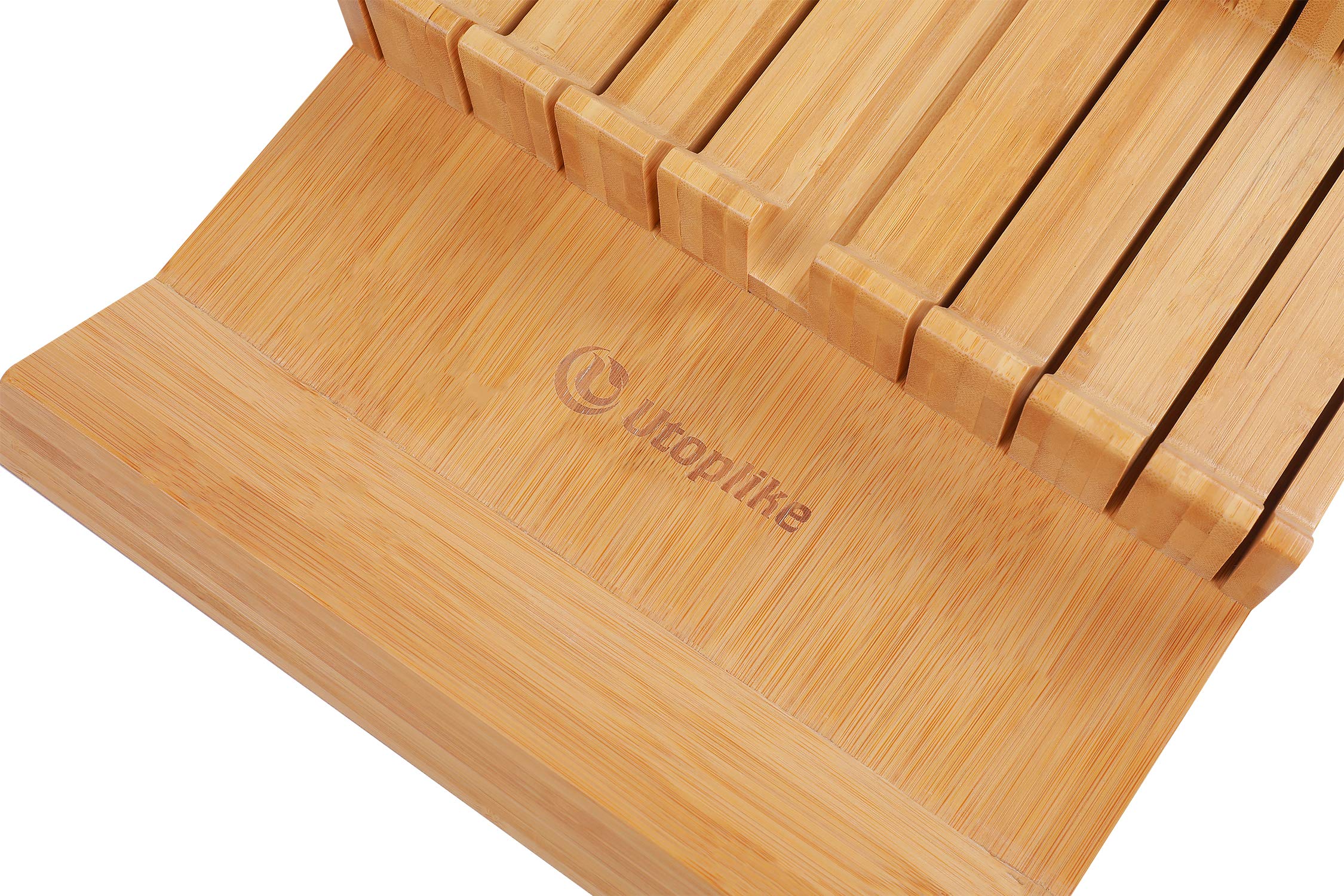 Utoplike compact bamboo organizer keeps drawers tidy and knives sharp.