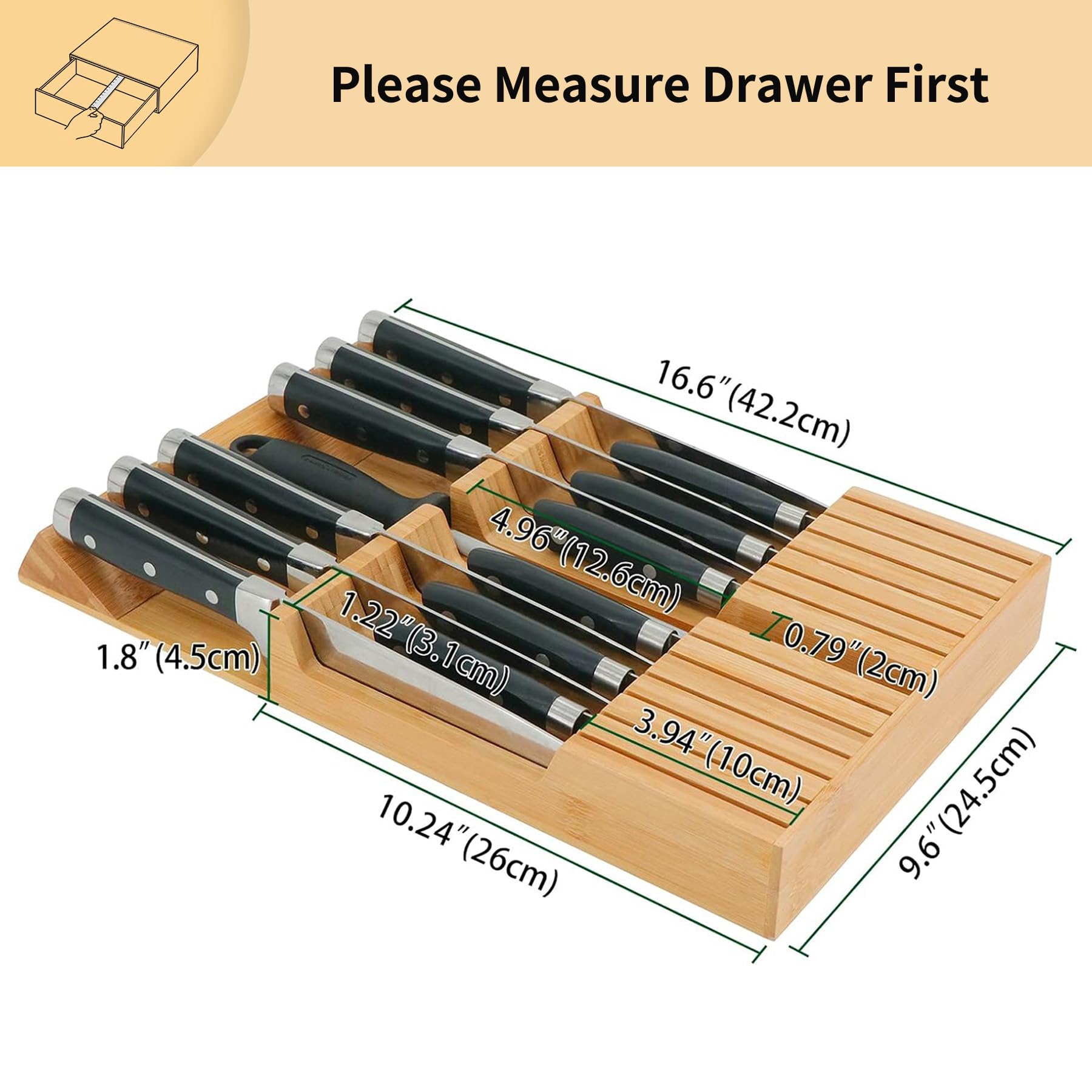 Utoplike bamboo knife block opened to reveal knife slots and sharpening steel slot