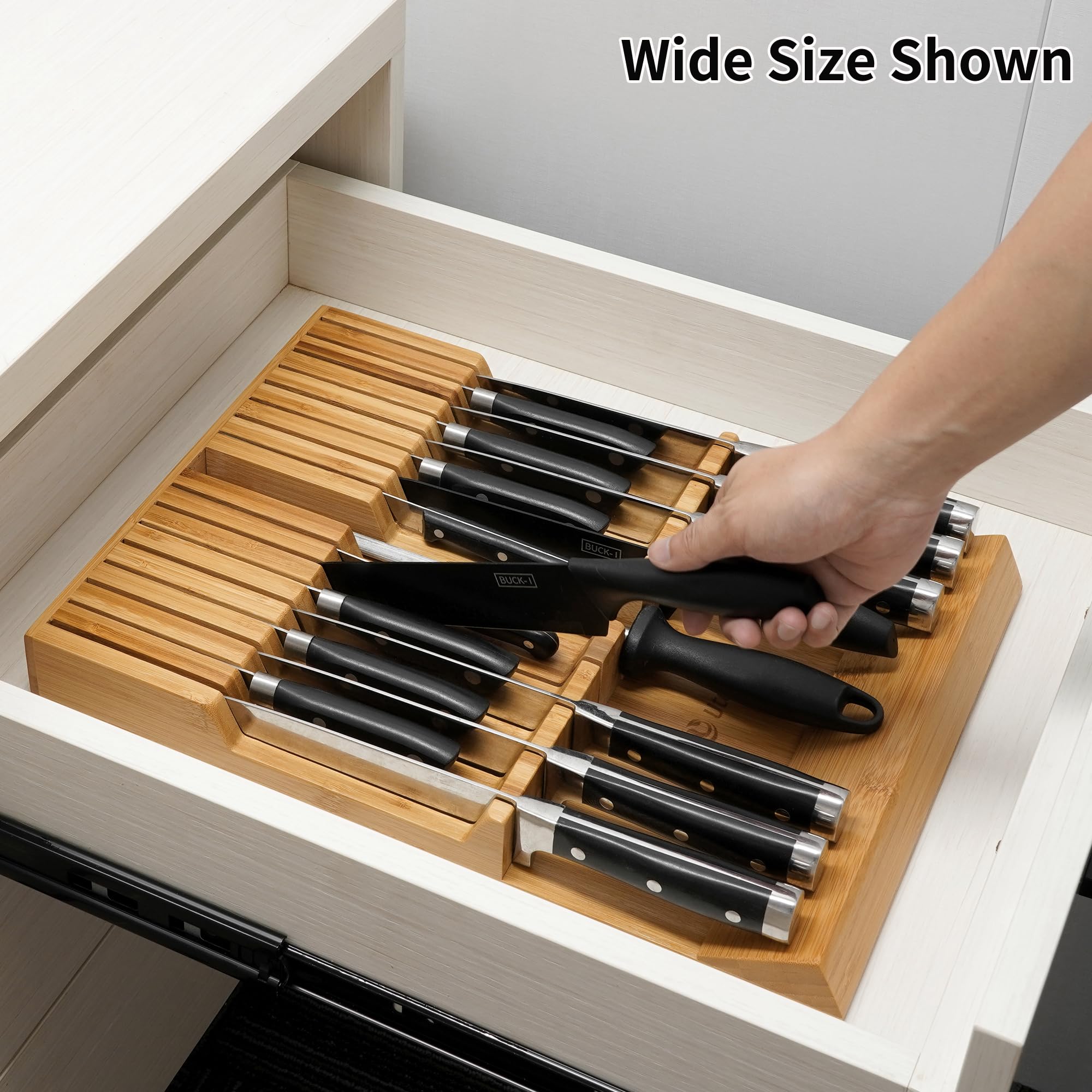 Utoplike drawer knife block with multiple slots for organized blades.