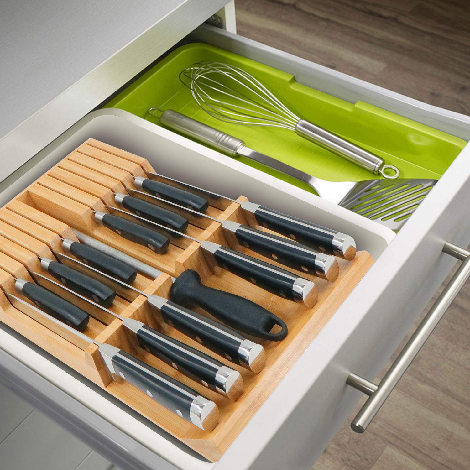 Utoplike bamboo knife block in a drawer illustrating organized storage