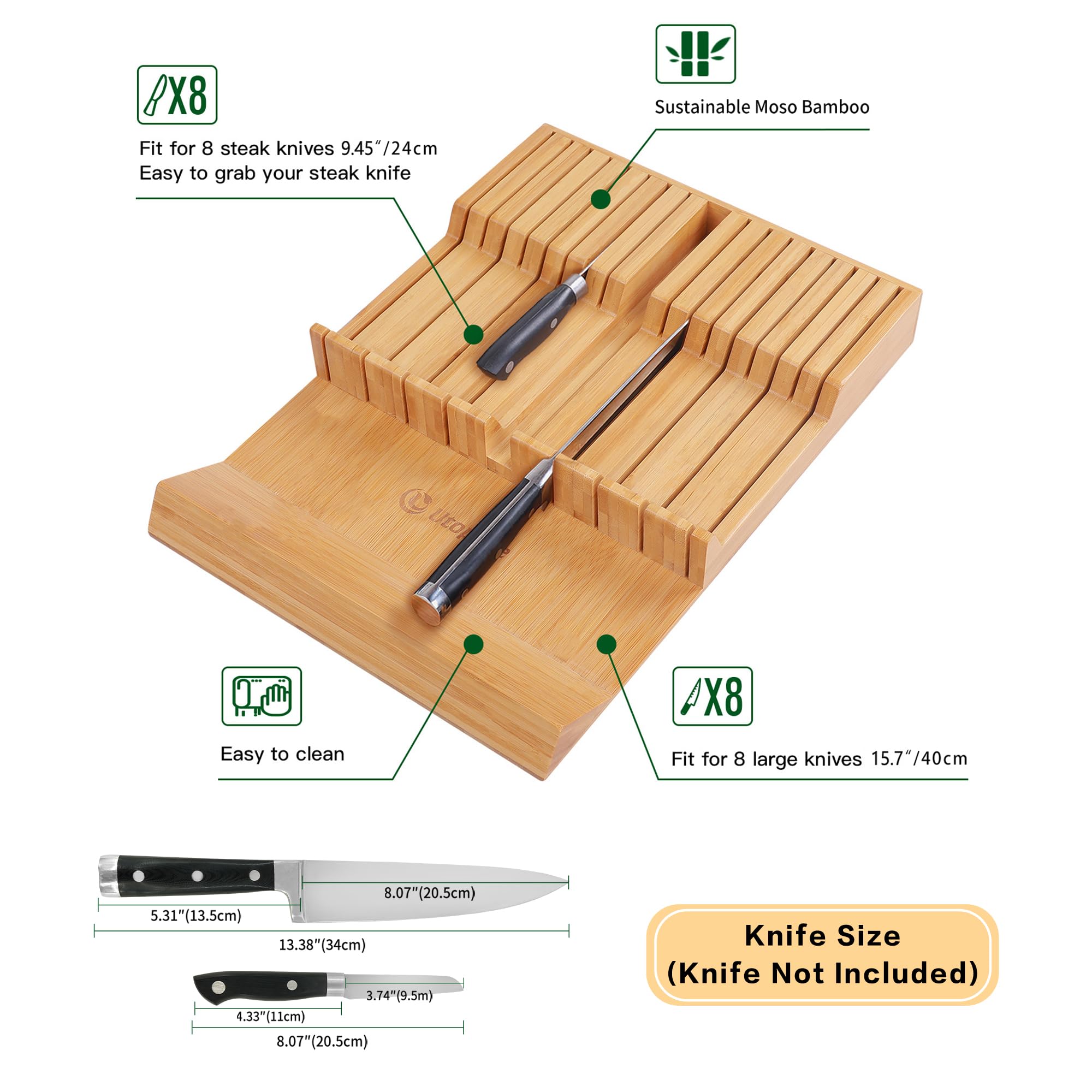 Utoplike drawer view demonstrates 16-knife capacity and space for a sharpening steel.