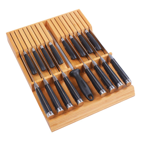 Utoplike in-drawer bamboo knife block keeps knives neatly stored.