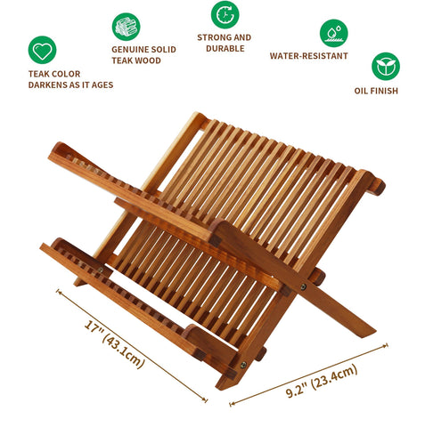 Utoplike teak dish drainer rack with 15 slots for vertical plate drying.