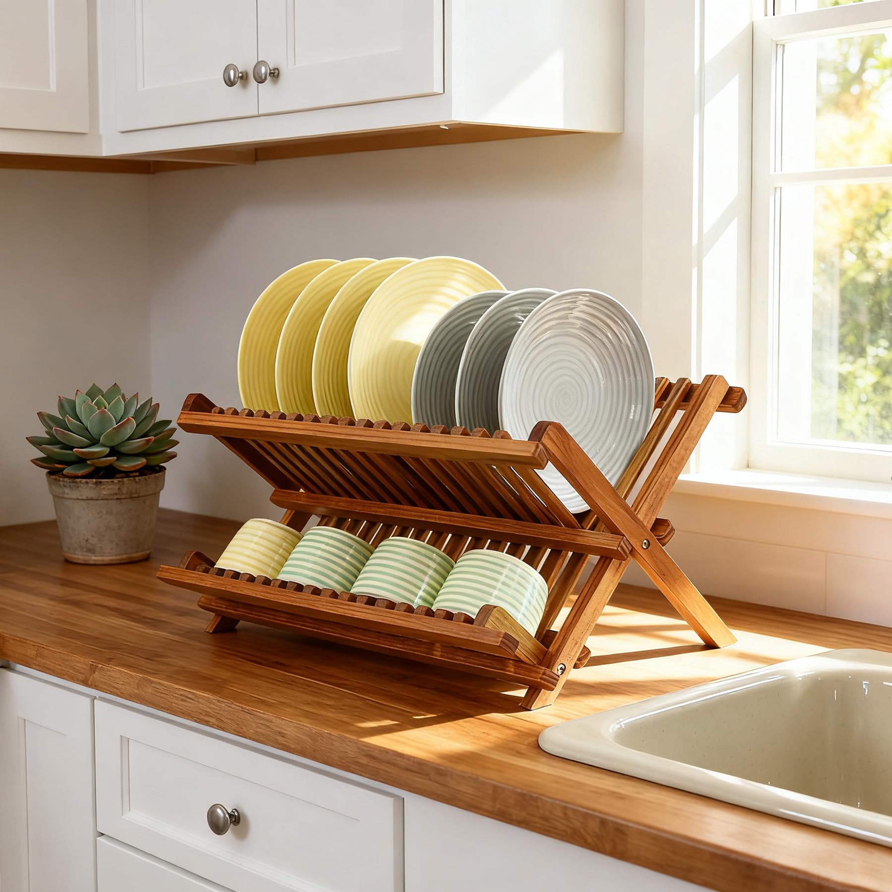 Utoplike teak dish drainer rack bottom tier holding cups and bowls for quick air dry.