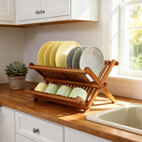 Utoplike teak dish drainer rack bottom tier holding cups and bowls for quick air dry.