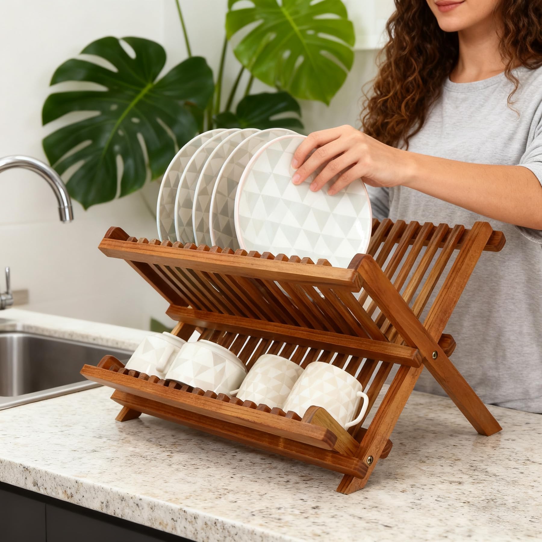 Utoplike handmade teak rack with natural variations adds character.