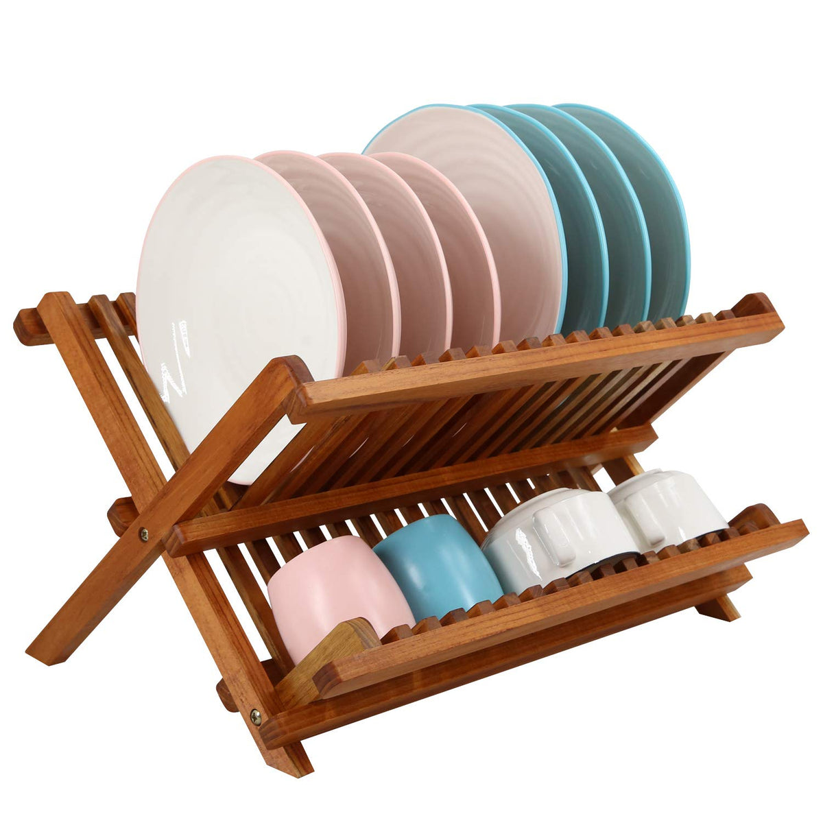 Utoplike teak dish drainer rack top view showing two-tier design for plates drying.