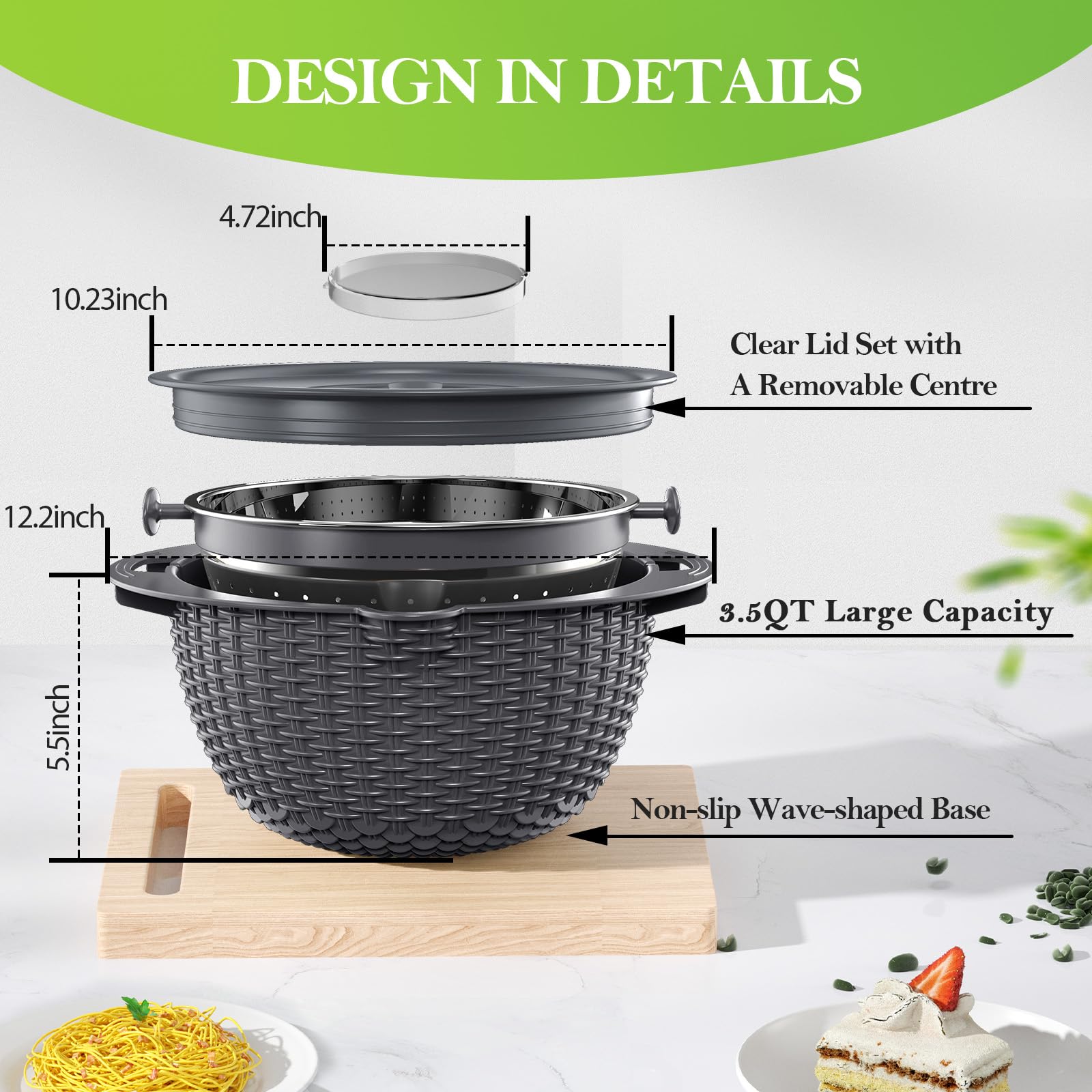 UTTKOJ pivoting colander drains efficiently with no spills.