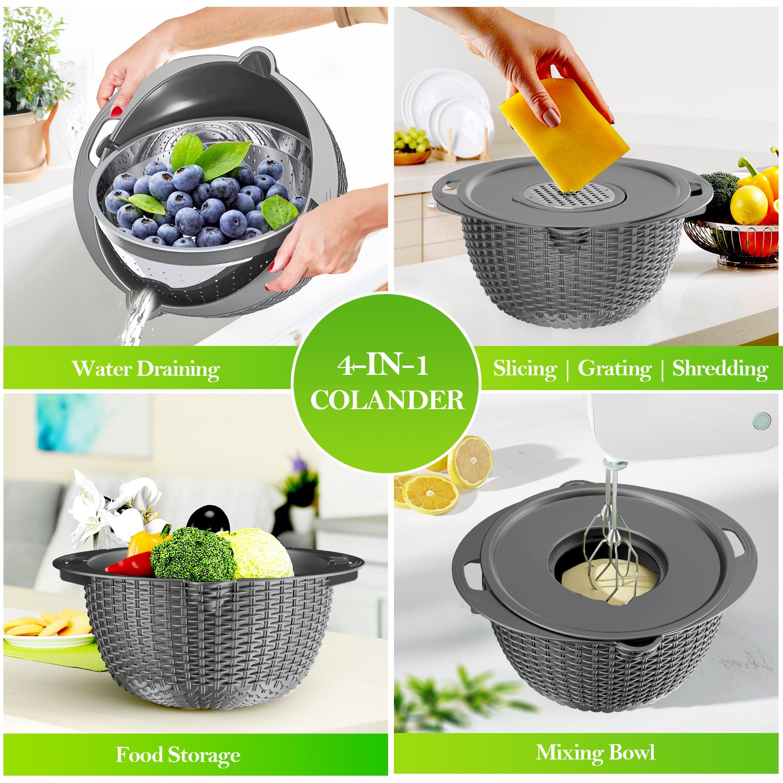 UTTKOJ lid with three graters fits the colander for shredding cheese or veggies.