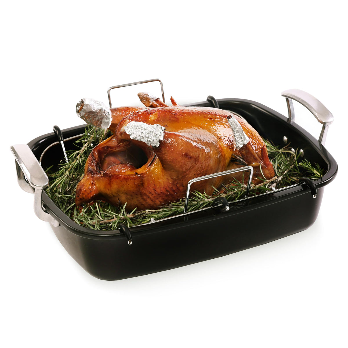 UUKRAVE turkey roasting pan with rack shows spacious capacity for large birds.