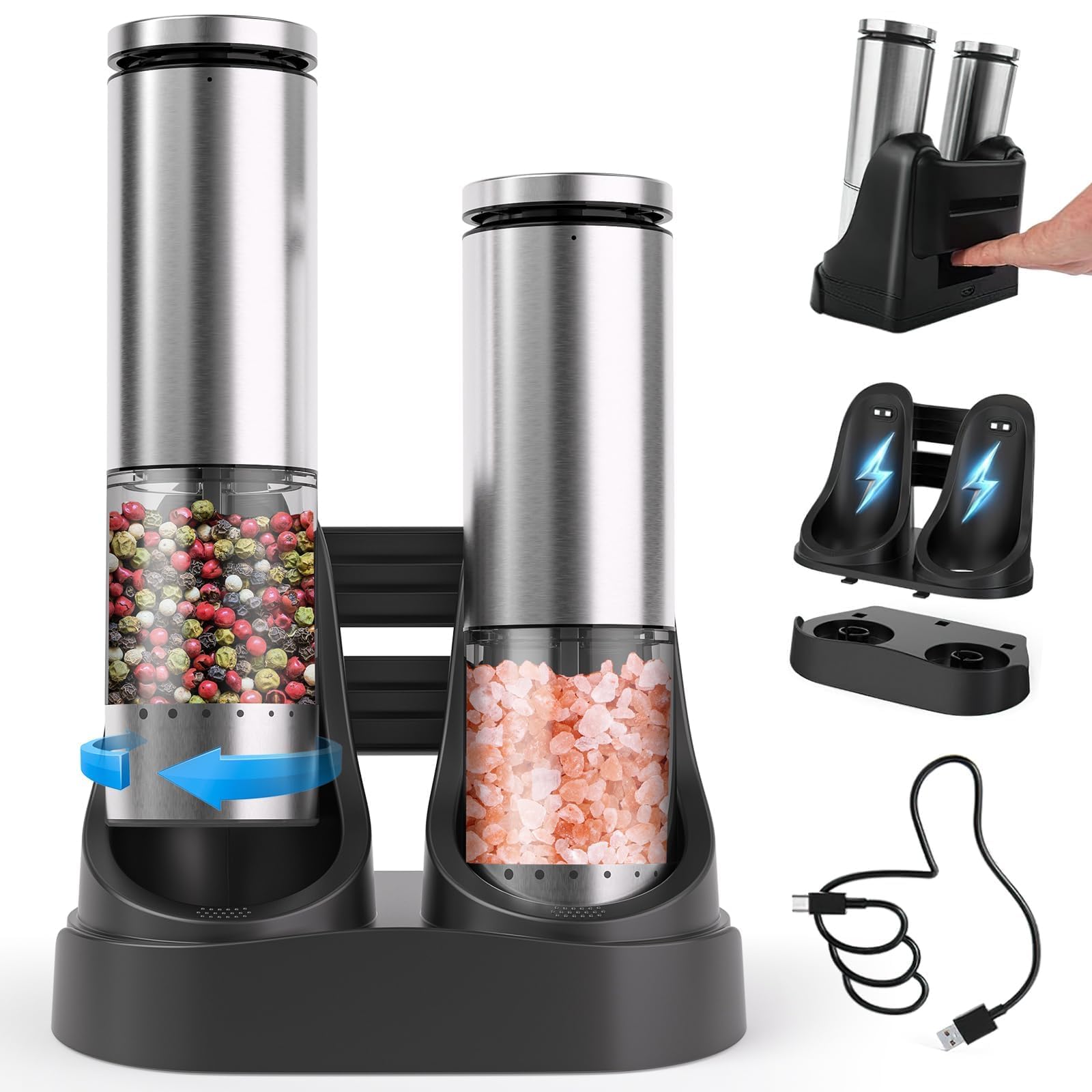 Uvellgift electric salt and pepper grinder set with dock for easy charging and storage.