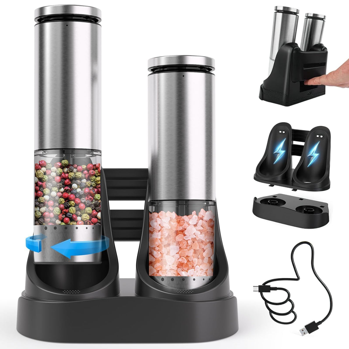 Uvellgift electric salt and pepper grinder set with dock for easy charging and storage.