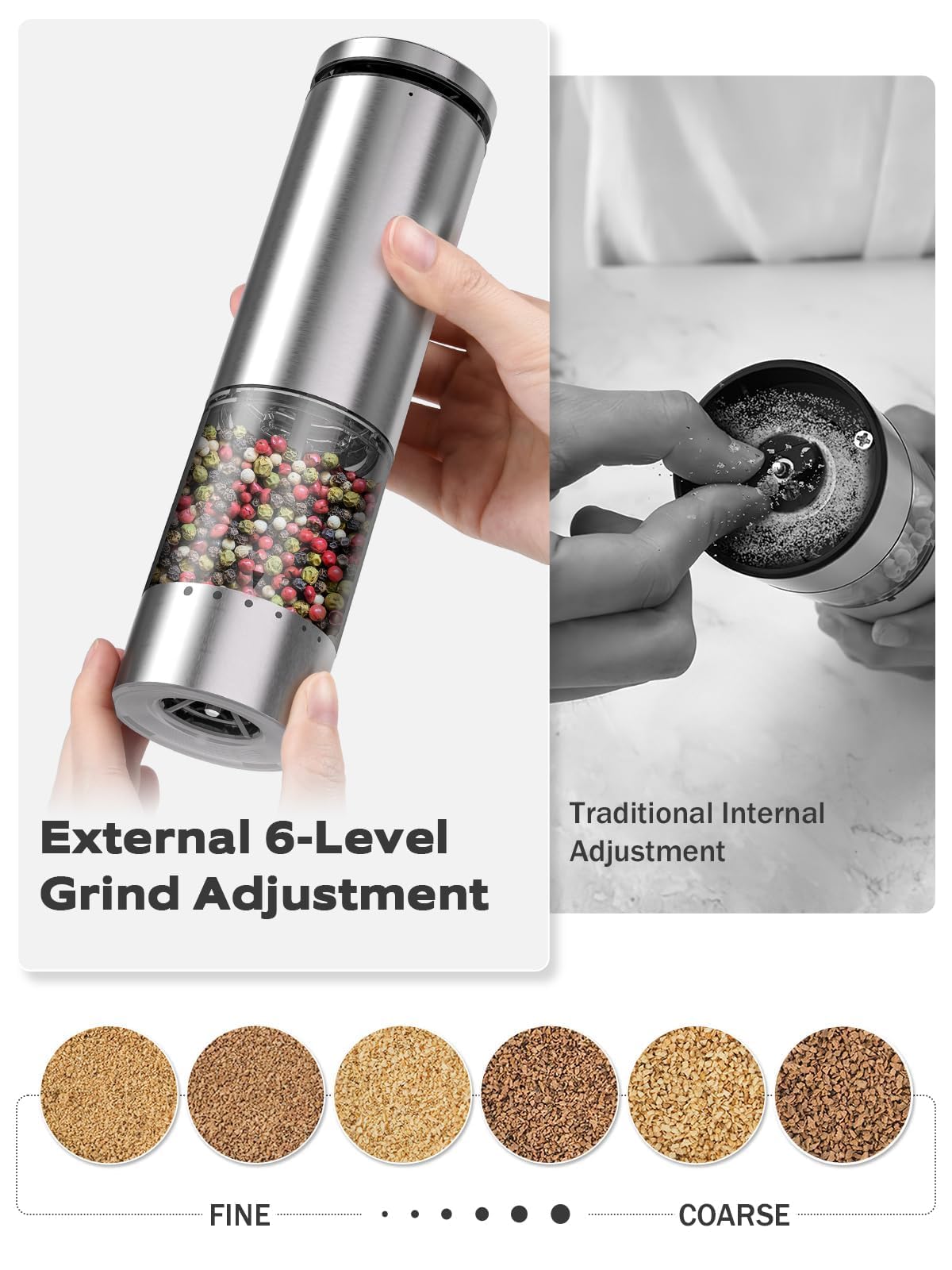 One grinder features LED light to guide precise seasoning during cooking.