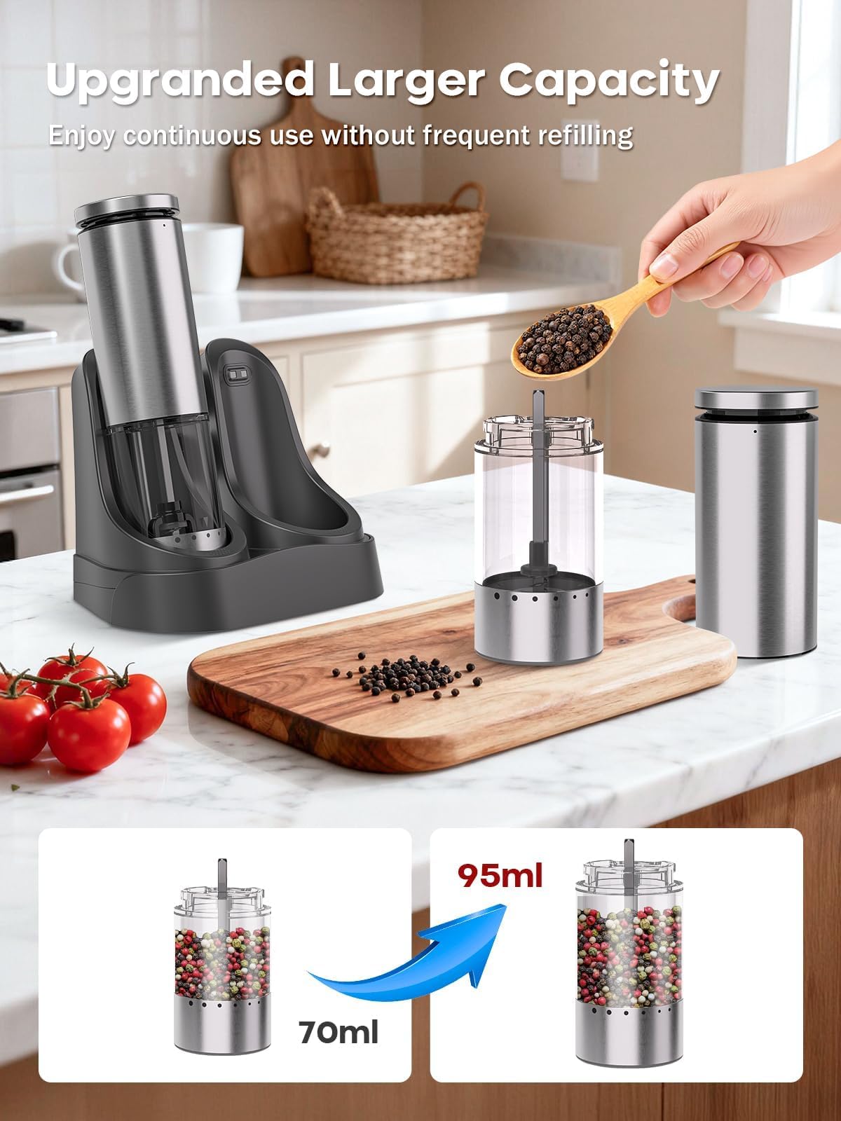 Uvellgift USB charging dock powers two grinders, enabling efficient meal prep.