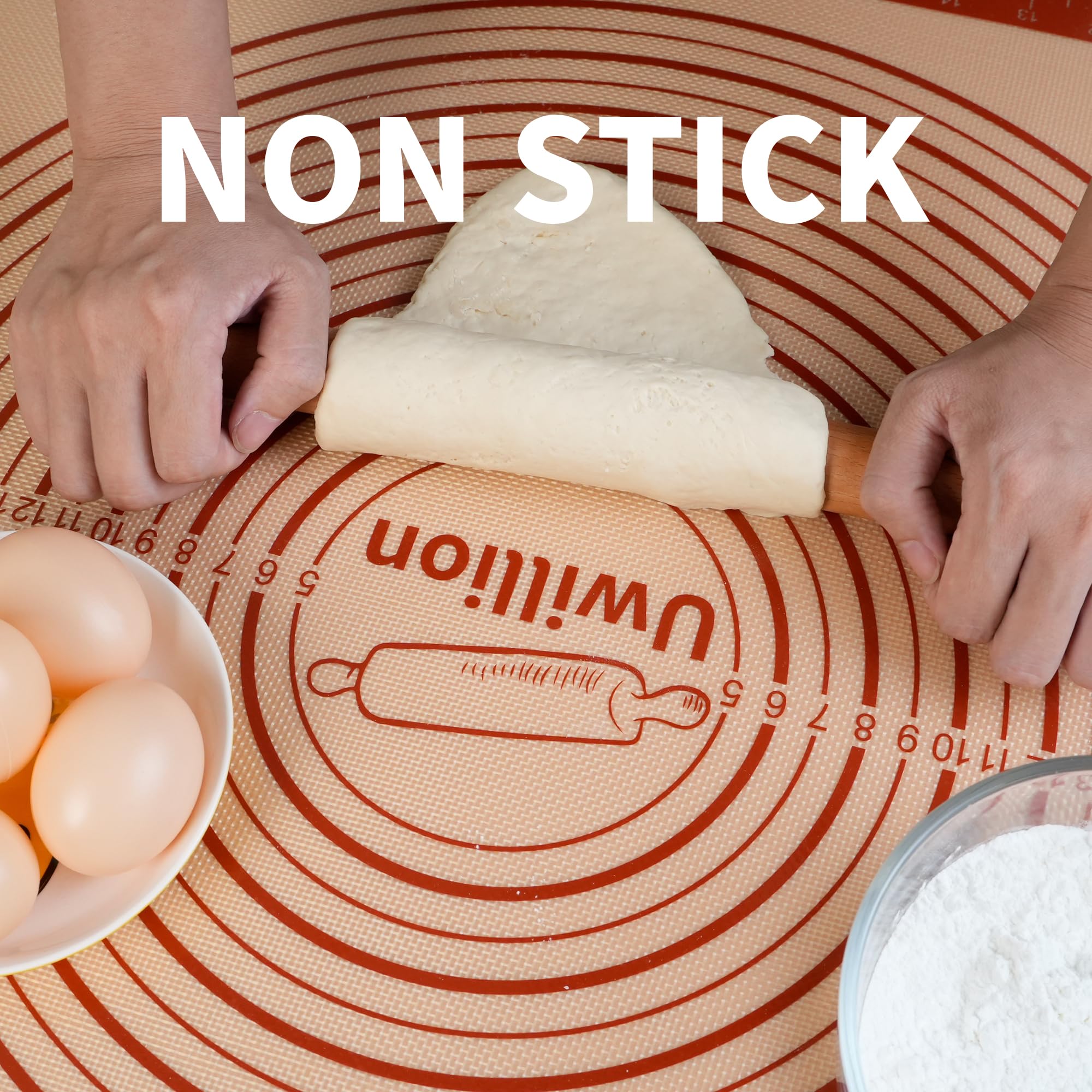 UWILLION pastry mat shows measurement marks in inches and centimeters for accuracy.