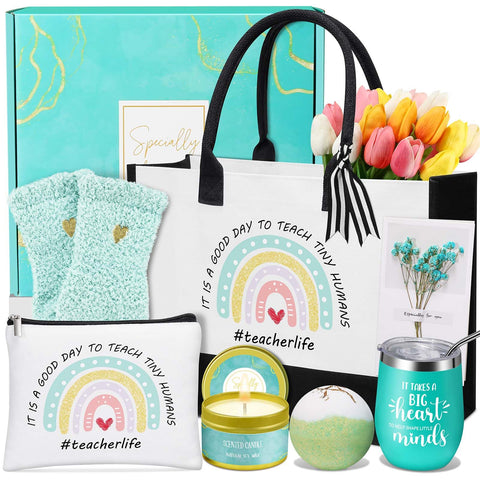 Uwingess teacher gifts basket with candles and bath bomb for relaxation.