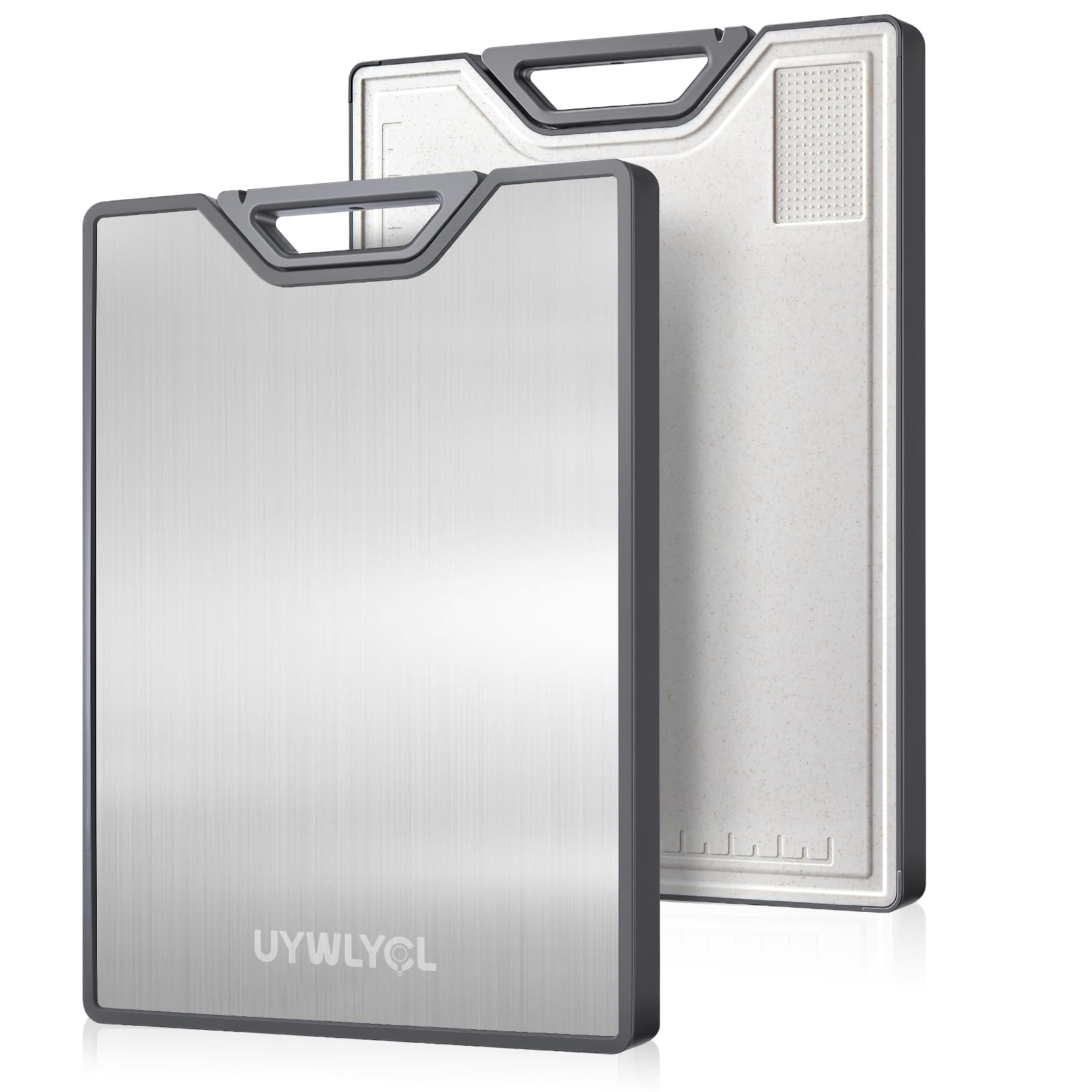 UYWLYCL stainless steel cutting board top view showing dual-surface versatility for meat and produce.